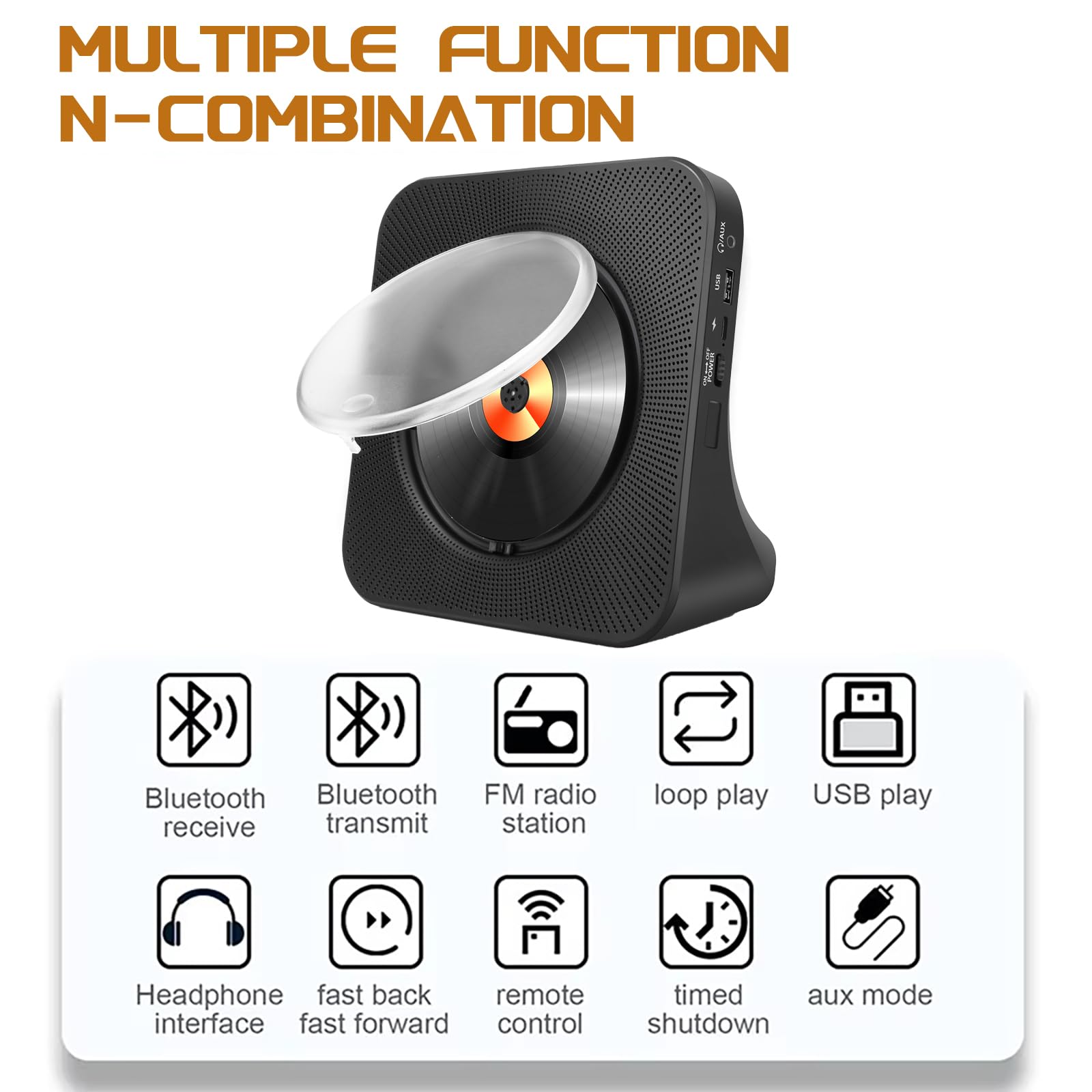 Tragbarer Bluetooth CD-Player mit Lautsprechern - 8-in-1 HiFi-Stereo-Soundsystem für Zuhause, unterstützt CD/Bluetooth/FM-Radio/USB/AUX/Timer/Fernbedienung