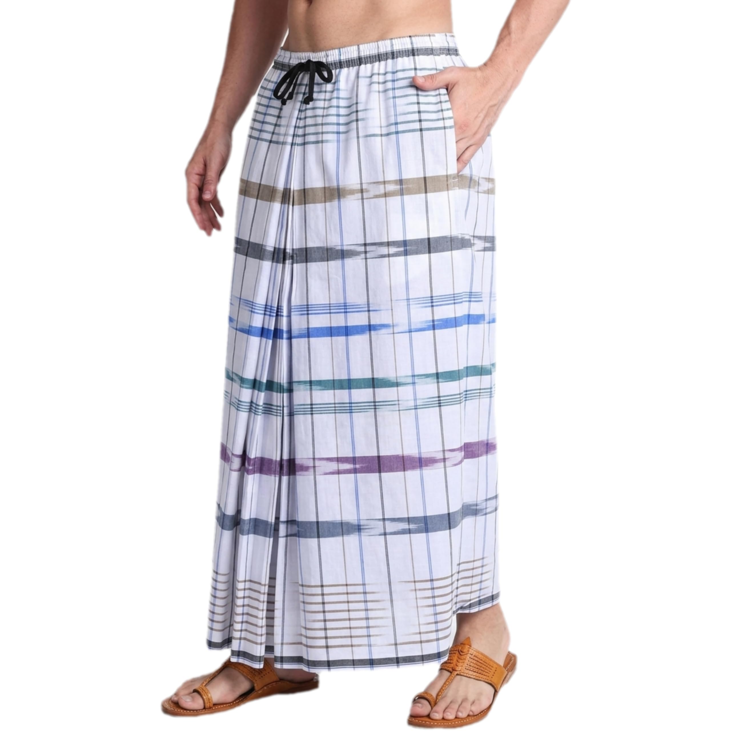 Premium Cotton Stitched Smart Lungi for Men with Elastic Waistband, Side Zipper Pocket and Adjustable Drawstring - Readymade Comfortable Men's Lungi (Free Size Fits All (28" - 42" Waist)-image-27