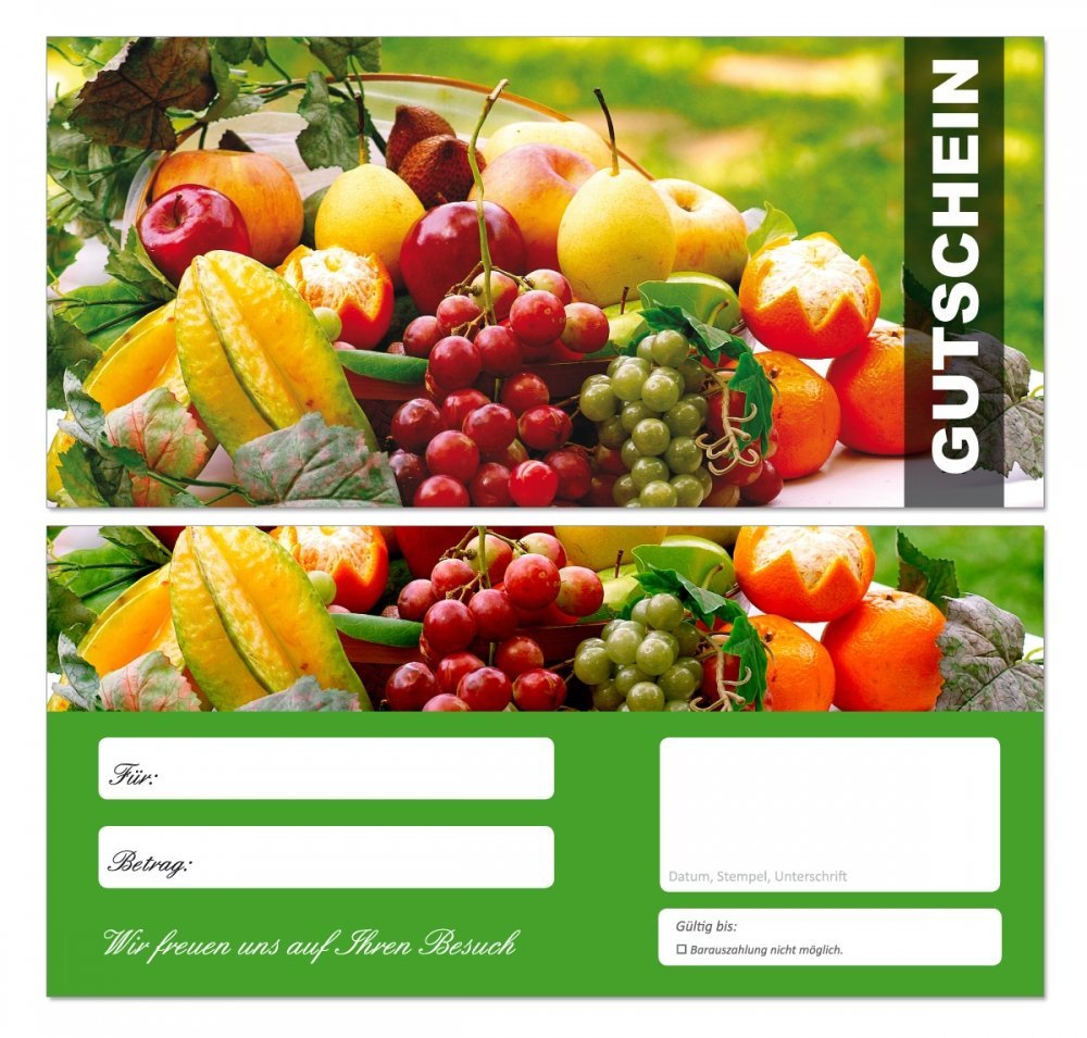 200 Stück Premium Geschenkgutscheine (Obst-670) - Ein schönes Produkt für Ihre Kunden Gutscheine Gutscheinkarten für Bereiche wie Gastronomie, Restaurant, Catering, Obsthandel, Großhandel, Freizeit, Feier, Geschenk, Gaststätte und vieles mehr