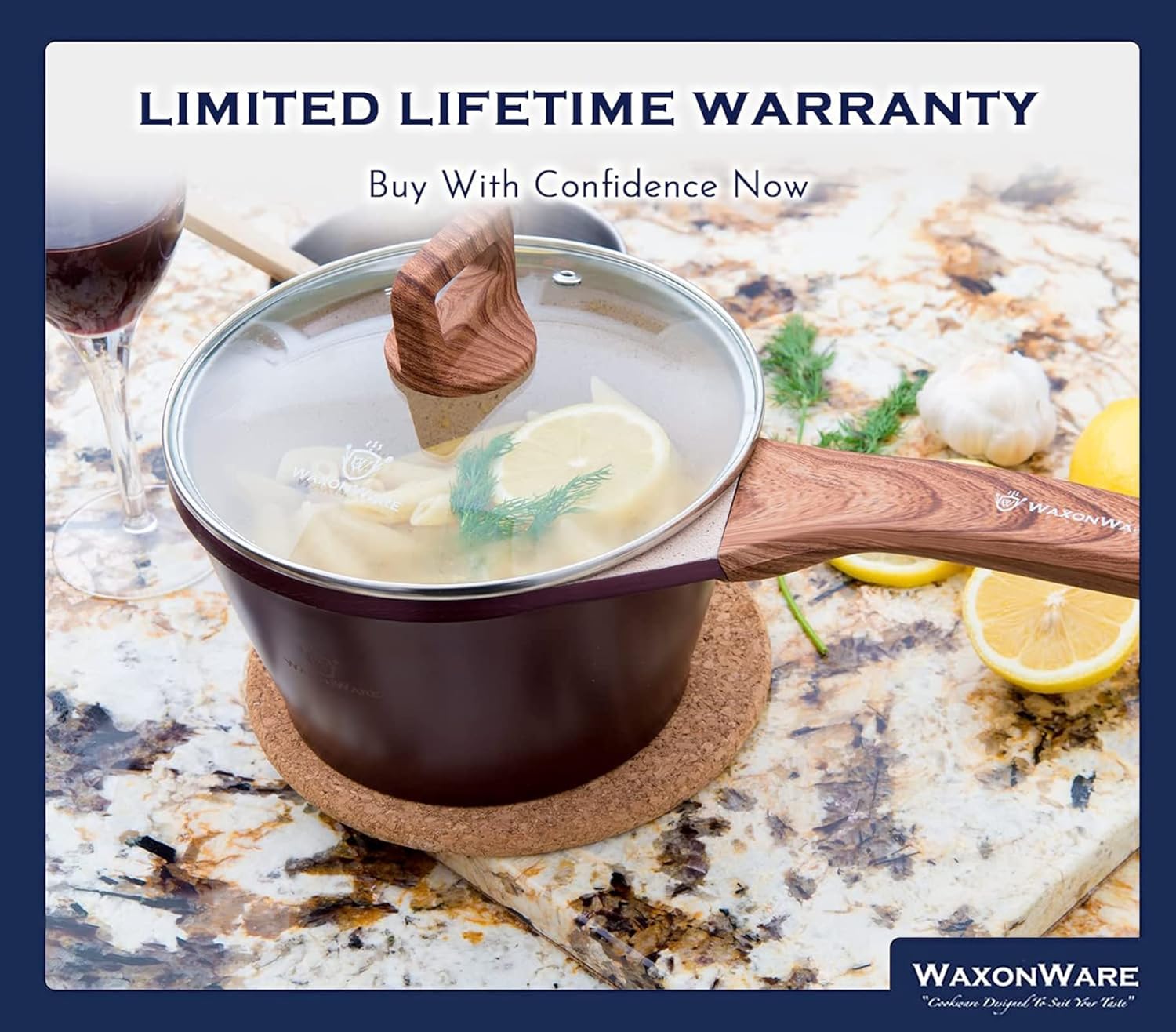 WaxonWare 2 Qt Nonstick Sauce Pan & Cooking Pot - Induction Compatible, Marbellous Coating (A 100% PFOA Free Coating Made In Germany) - Small Sauce Pan For Sauces, Soups, Pasta & Rice - 2.2 Quarts