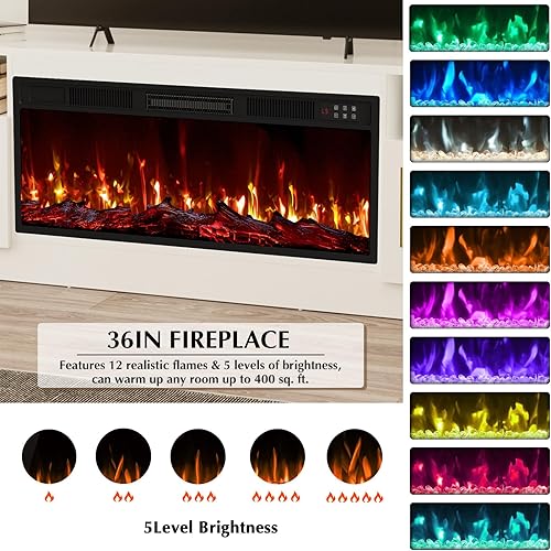 Miniatura 4 de Lemberi Soporte de TV para chimenea con chimenea de 36 pulgadas de hasta 80 pulgadas, centro de entretenimiento y almacenamiento con luz LED,