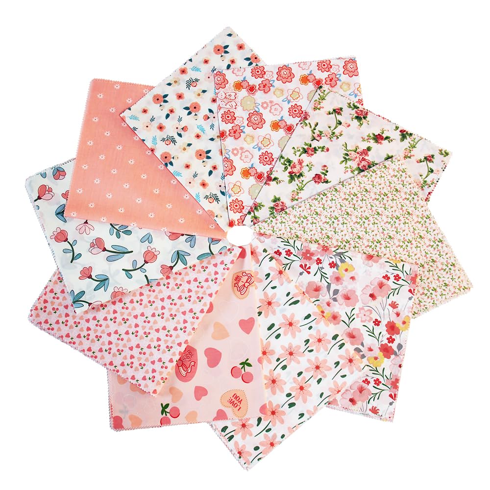 WISPAWS Fat Quarters Cotton Fabric Bundles, 10 Pcs 18" x 20" Precut Quilting Squares, Floral Prints for Crafts Sewing (Pink)
