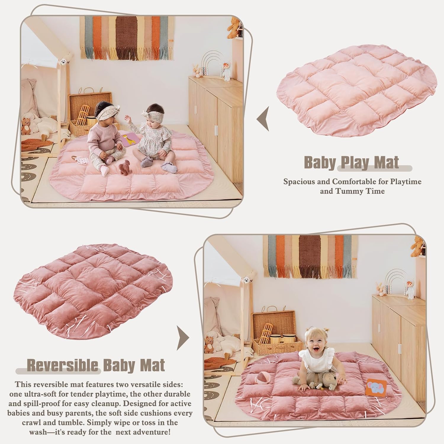 5-in-1 Plush Baby Play Gym & Activity Mat, Baby Play Mats, Baby Gym with Convertible Design, Tummy Time Mat with Pillow, 6 Sensory Toys for Newborn to Toddler, Pink - Image 4