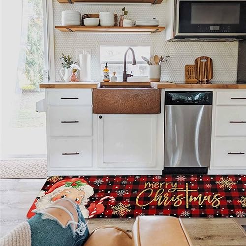 Miniatura 5 de Alfombrillas de cocina de Papá Noel para piso, 2 piezas, diseño de búfalo rojo y negro, antideslizantes, juego de alfombras de cocina lavables,
