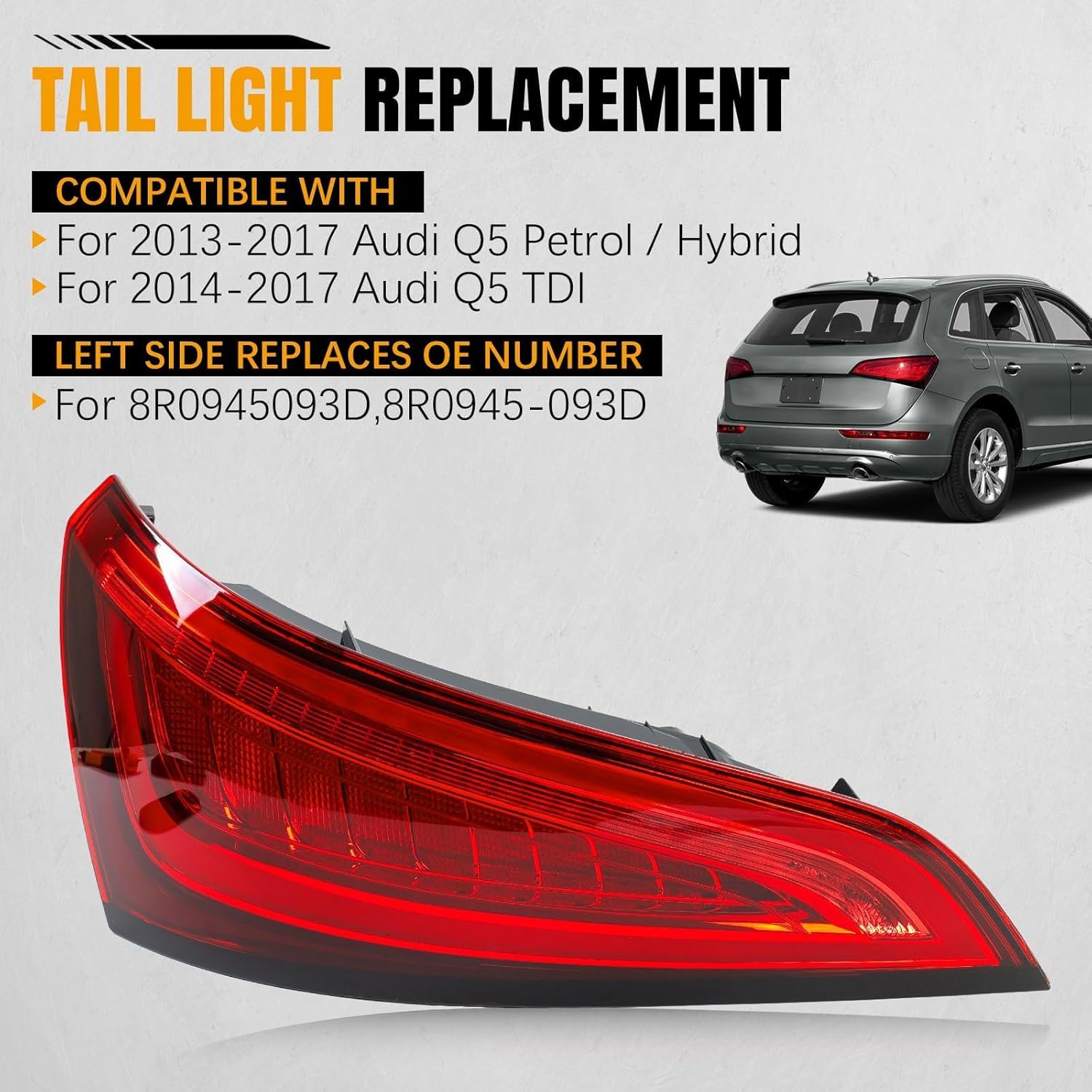 Fit for 2013-2017 Audi Q5 Left LED Tail Light | OEM Replacement 8R0945094D | LED Driver Side Taillight Tail lamp Assembly Rear Brake Lamp | Clear Red Lens