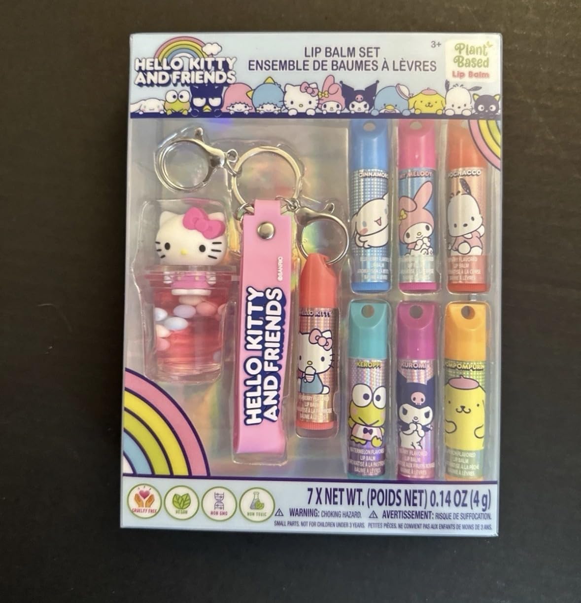 Townley Girl Hello Kitty and Friends 7 Pack Lip Balm with Keychain, Plant Based Lip Balm for Girls Kids, by Townley Girl
