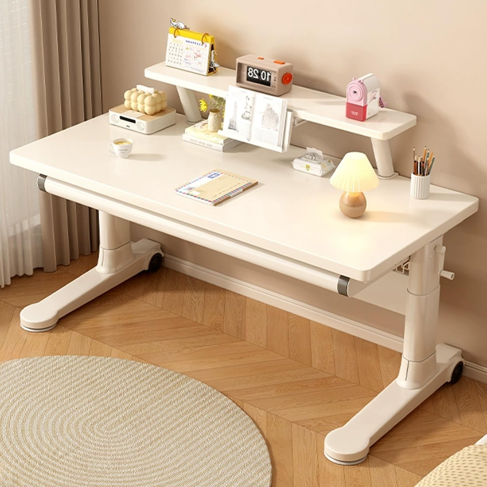 MYUYEE Manual Adjustable Desk, Standing Desk With Desktop Storage Shelf And Drawer, Movable Sit Stand Up Desk, Ergonomic White Computer Desk, For Home Office (100X60Cm)