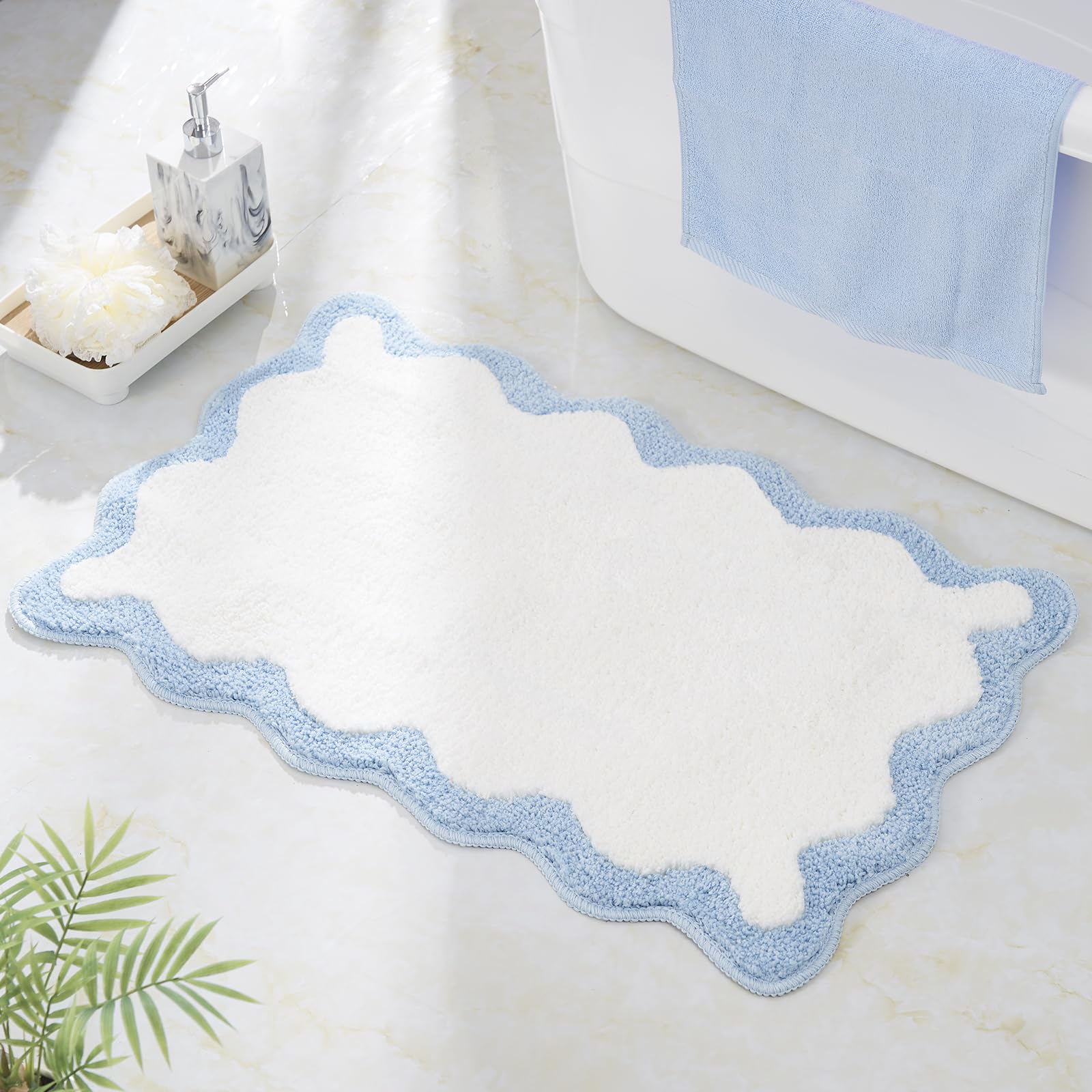 DyeFury Luxury Cute Bathroom Rugs, White Bath Mat W/Blue Scalloped Edge, Microfiber Aesthetic Trendy Funky Fun Preppy Rug, Extra Soft Bathroom Mat