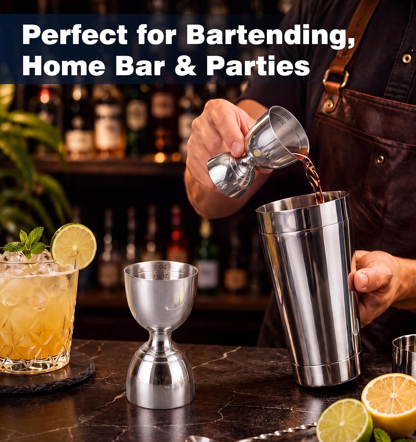 Stainless Steel Double Jigger - 2 oz & 1 oz Shot Measure with Inside Markings, Cocktail Bartending Jigger for Home Bar Party - Bell Shaped Premium Barware