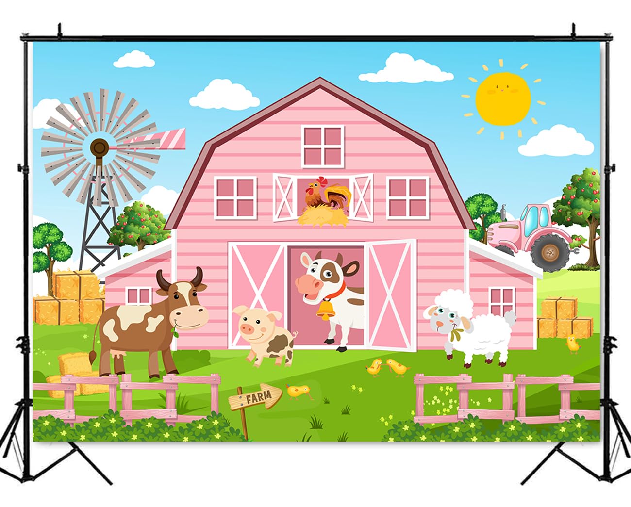 TTQYFNM 6.5x6.5ft Pink Farm Barn Round Backdrop Cover Cartoon Farm Animals Pink Barn House Green Grass Photography Background For Girls 1st 2nd Birthday Party Baby Shower Cake Table Decoration Banner - View #12