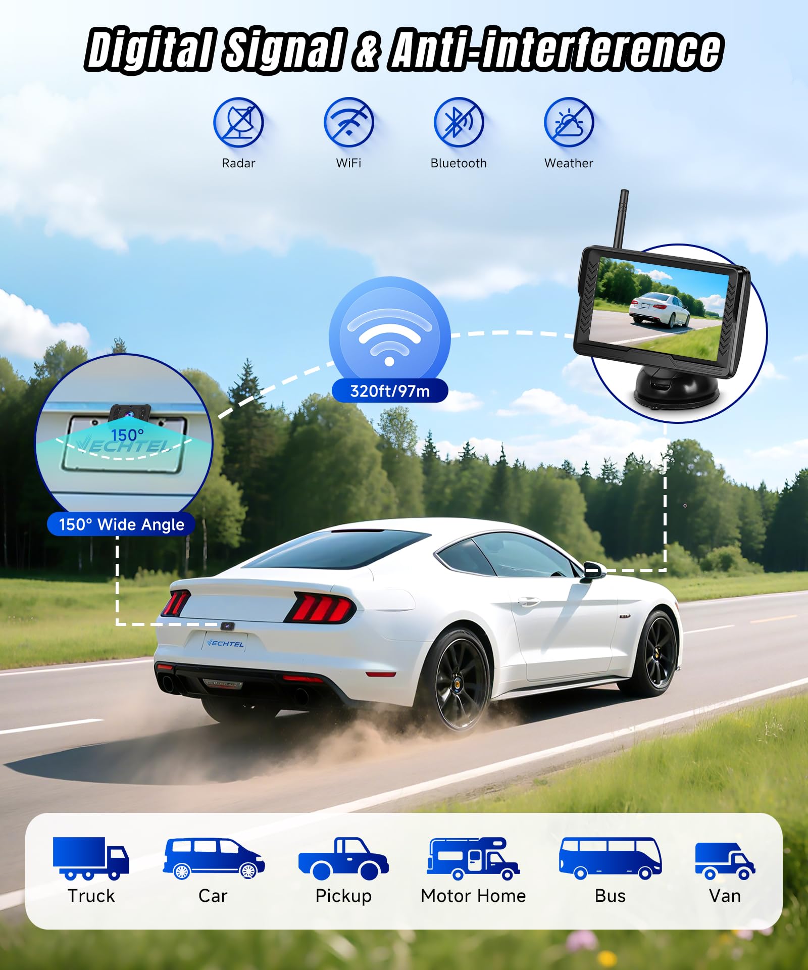 VECHTEL AHD 720P Kabellose Rückfahrkamera,5"-HD-Monitor-Set, IP69 wasserdicht, Weitwinkel, Nachtsicht, Rückfahrkamera für LKW, SUVs und 12-V-Fahrzeuge, einfache Installation