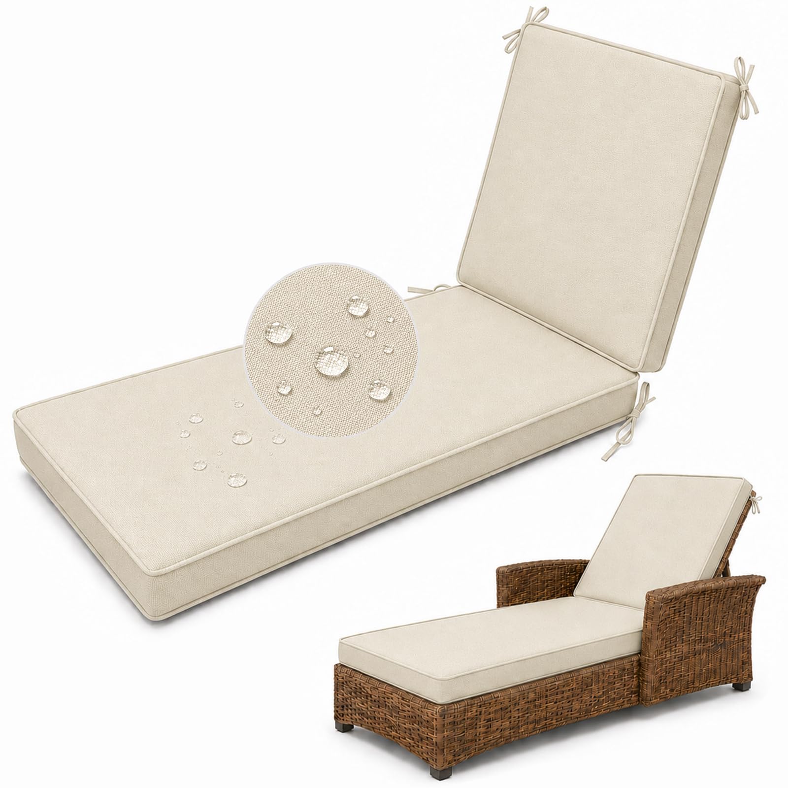 Aocase Waterproof Sun Lounger Cushion, Garden Sunbed Recliner Pad, Ivory