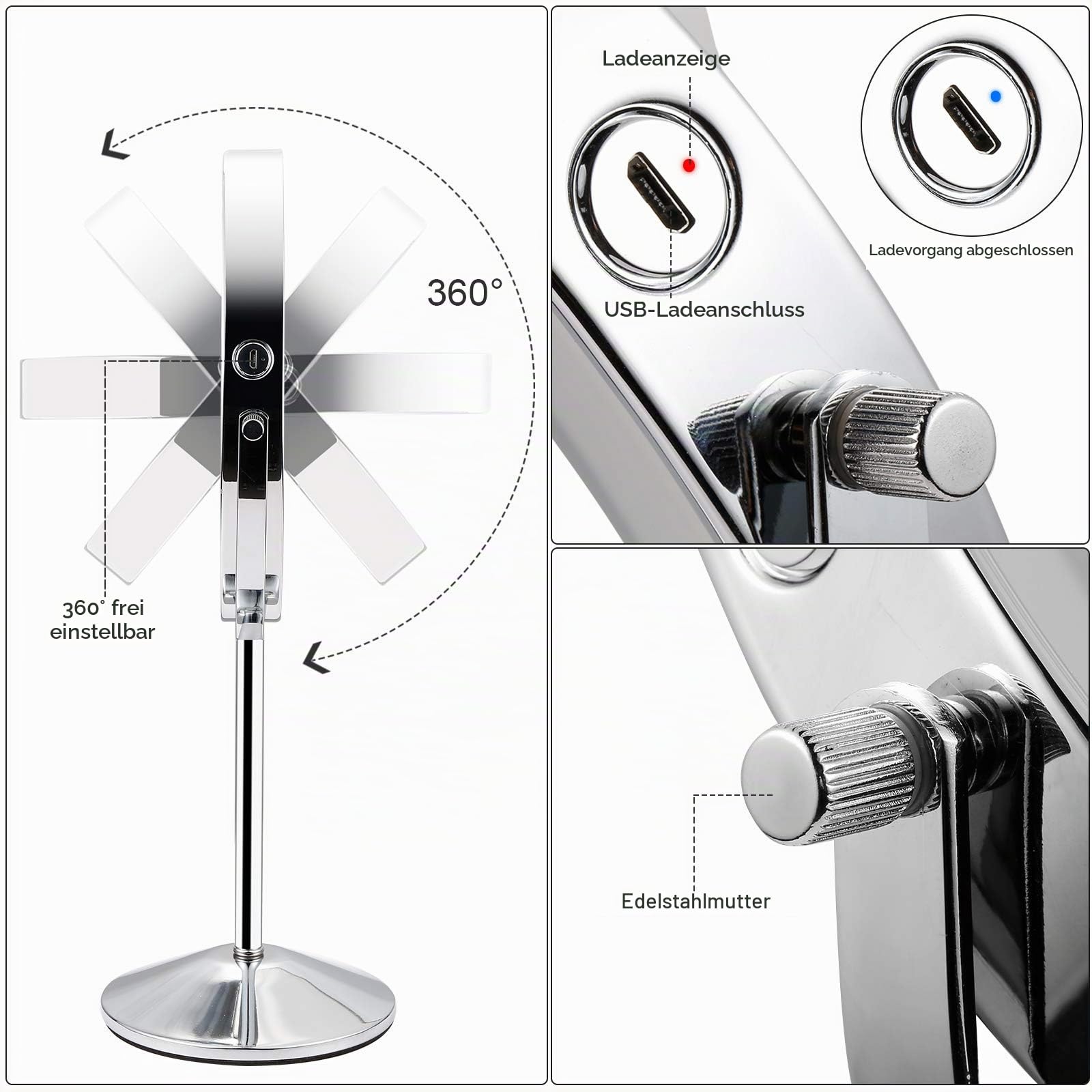 Schminkspiegel Doppelseitig 1X 7X Kosmetikspiegel Desktop Makeup Spiegel, Durchmesser 16.5cm 360° Schwenkbar Einstellbarer Touchscreen, 3 Lichtfarbe Helligkeit, Vergrößerungsspiegel mit Licht