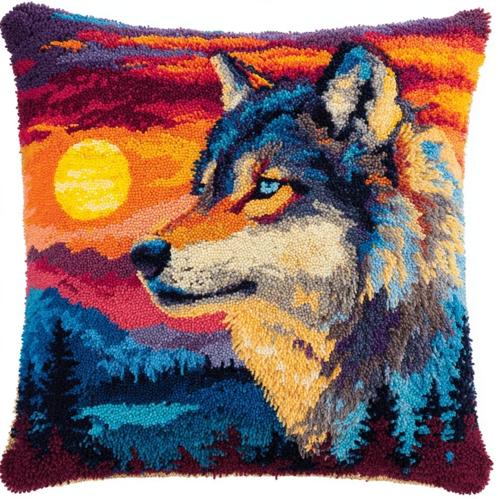 AxiangziK Latch Hook Kit for Adults 43x43cm,Animal Wolf DIY Pillow & Rug Craft Kit for Beginners,Handmade Yarn Art,Relaxing Home Sofa Decor Gift,17x17in