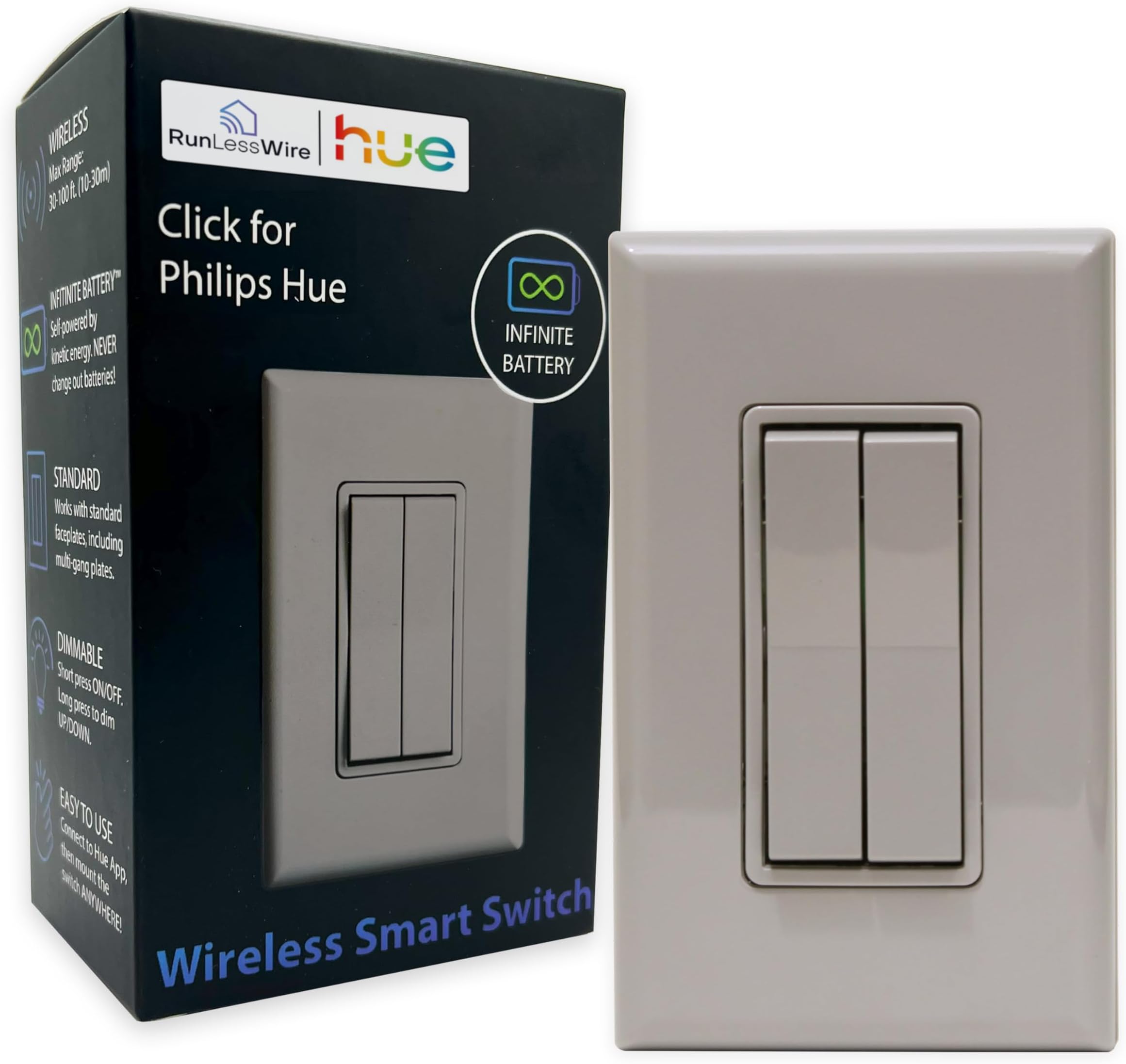 RunLessWire Click for Philips Hue – Battery-Free Wireless Smart Light Switch, 30ft Range – Works Natively with Philips Hue Bridge – Wall Mount Kinetic Switch - Decora Style, Gray