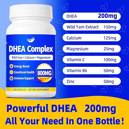 Miniatura 2 de Suplemento DHEA para mujeres y hombres 200 mg, complejo DHEA micronizado 800mg con ñame silvestre, calcio, magnesio, vitamina C, apoya la inmunidad,