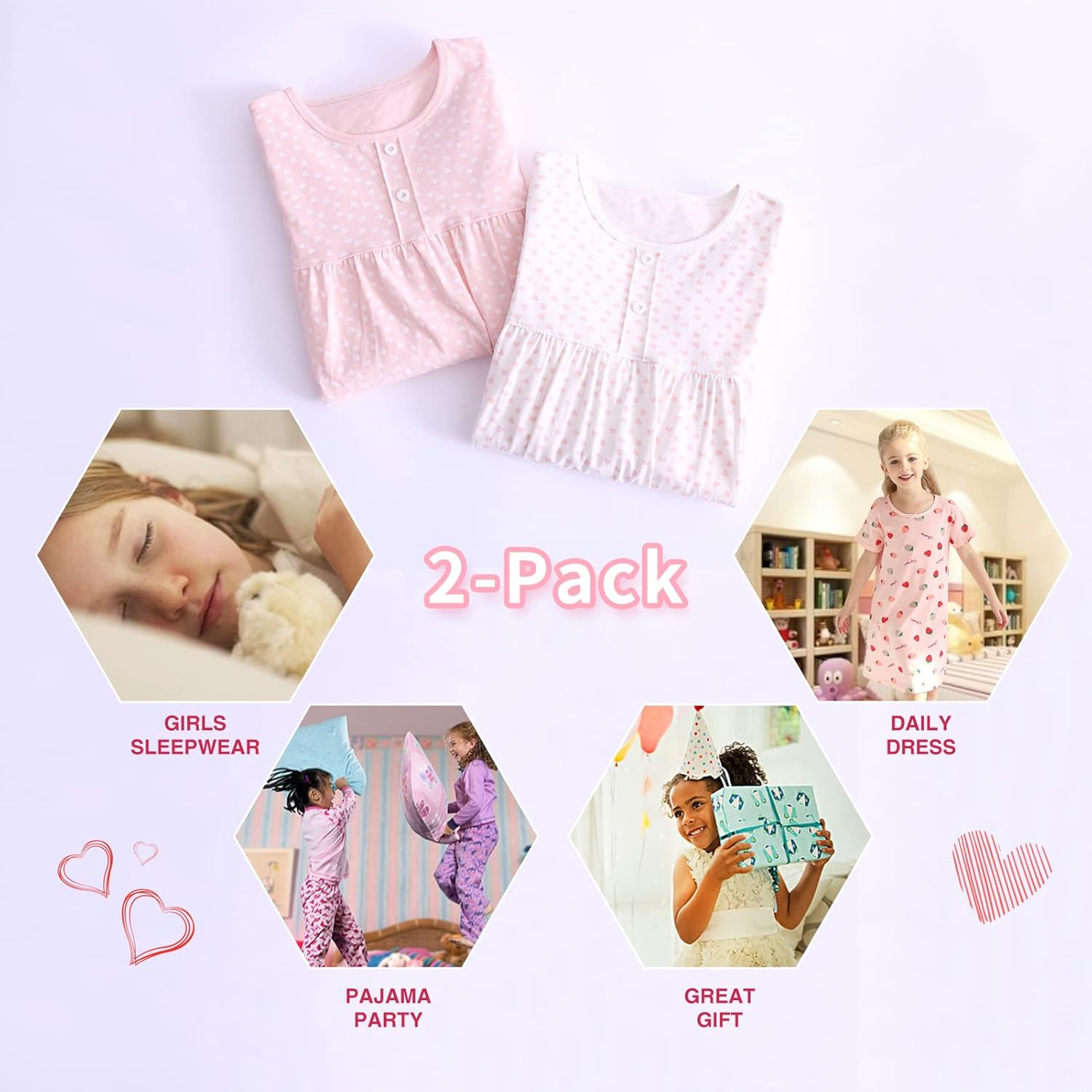 BANGSAUR Girls' Dress Set Cotton Sleepshirts, Heart Print Princess Daily Dress, 2-Pack Casual Dress Girl 3-12 Years - Image 4