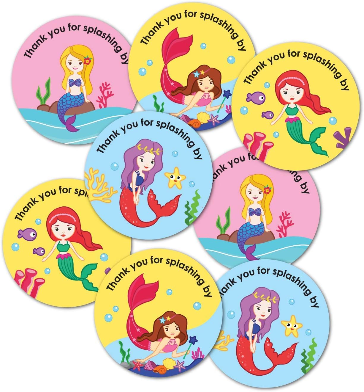 Paper Mermaid Theme Thank You Party Stickers, 40 Count, 2 Inches, Round, 4 Unique Designs