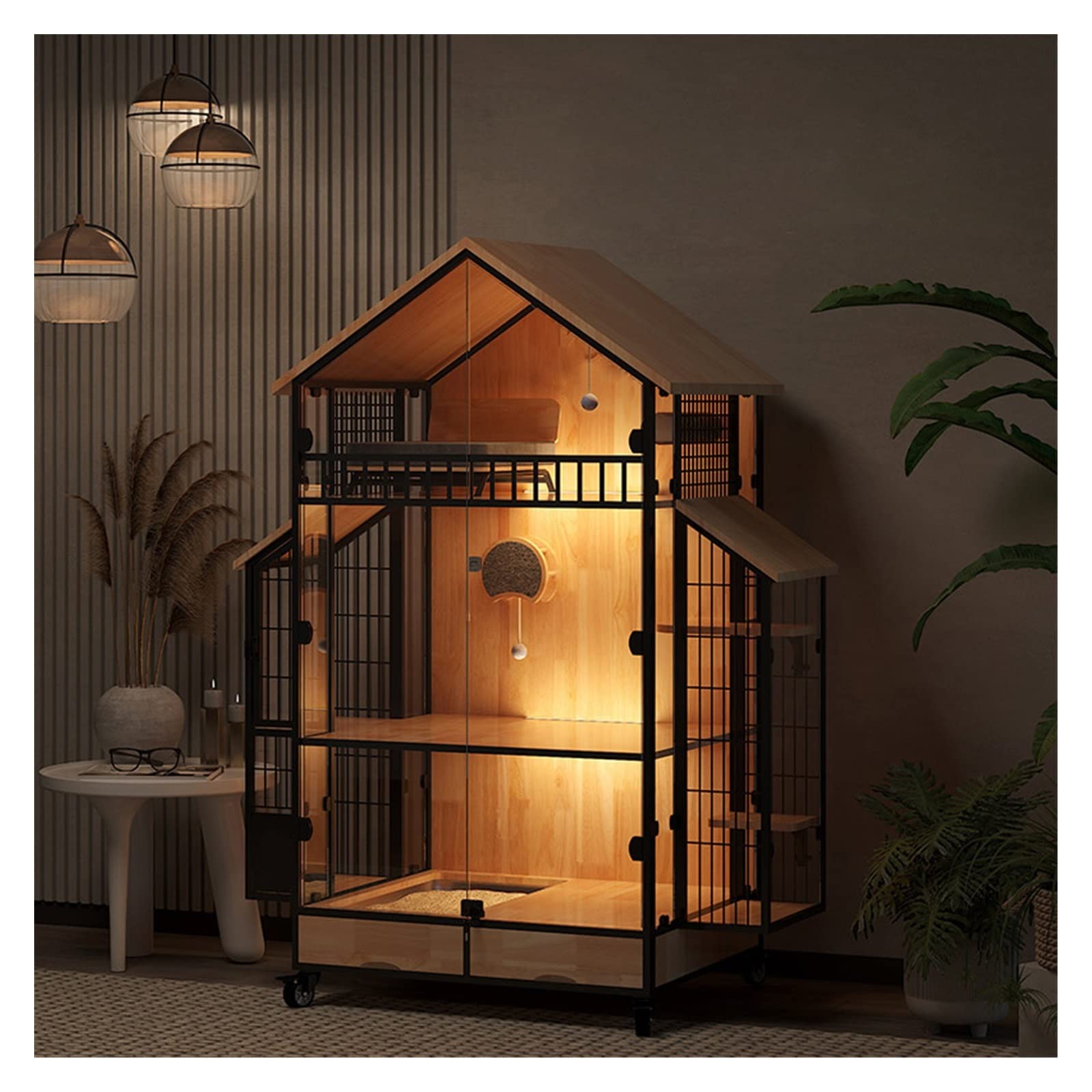 villa per gatti Villa panoramica for gatti con toilette Gabbia for di grandi dimensioni in legno Per interni