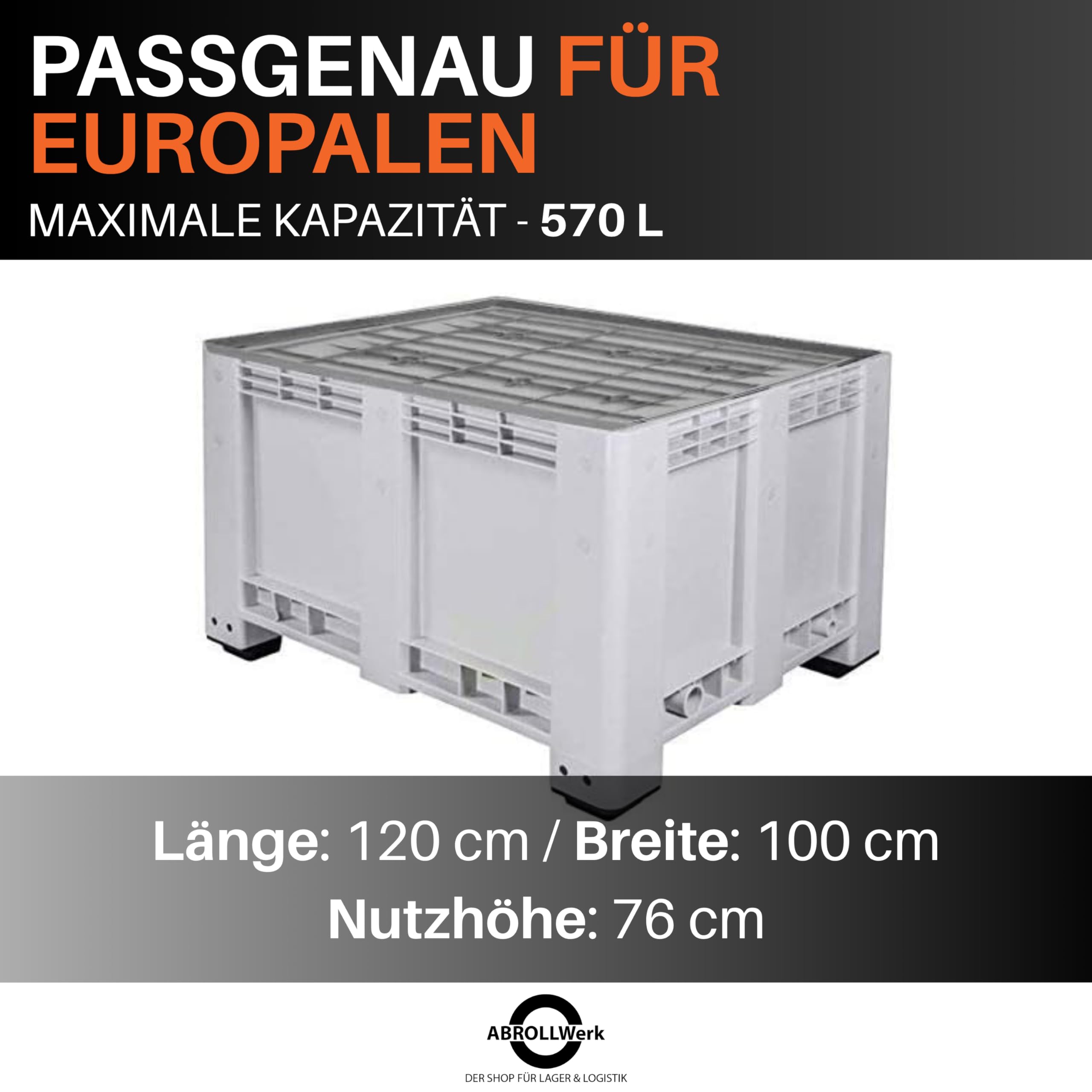 BP Bigbox Palettenbox 1200x1000x760 mm mit Deckel – 570 Liter Volumen geschlossen – Robuste Materialbox aus HDPE mit 4 Füßen – Kunststoffbox für Industrie & Lager