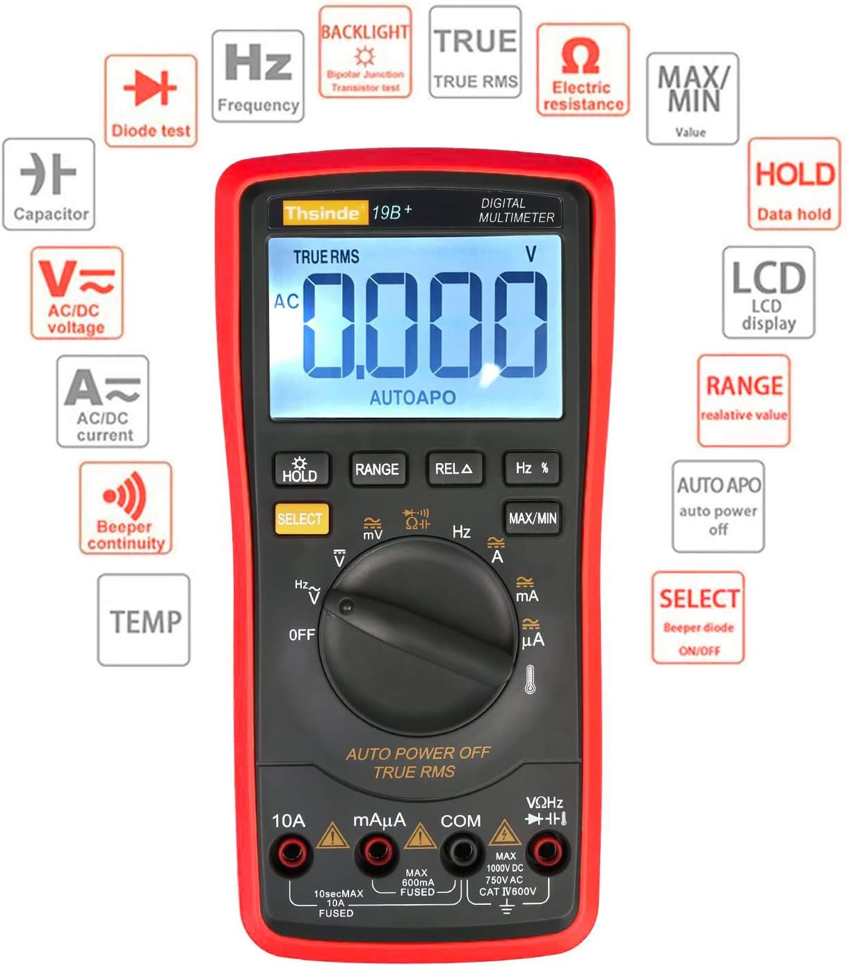 Digital Multimeter, Auto Ranging Digital Multimeter TRMS 6000 with Battery Alligator Clips Test Leads AC/DC Voltage/Account,Voltage Alert, Amp/Ohm/Volt Multi Tester/Diode(Red)