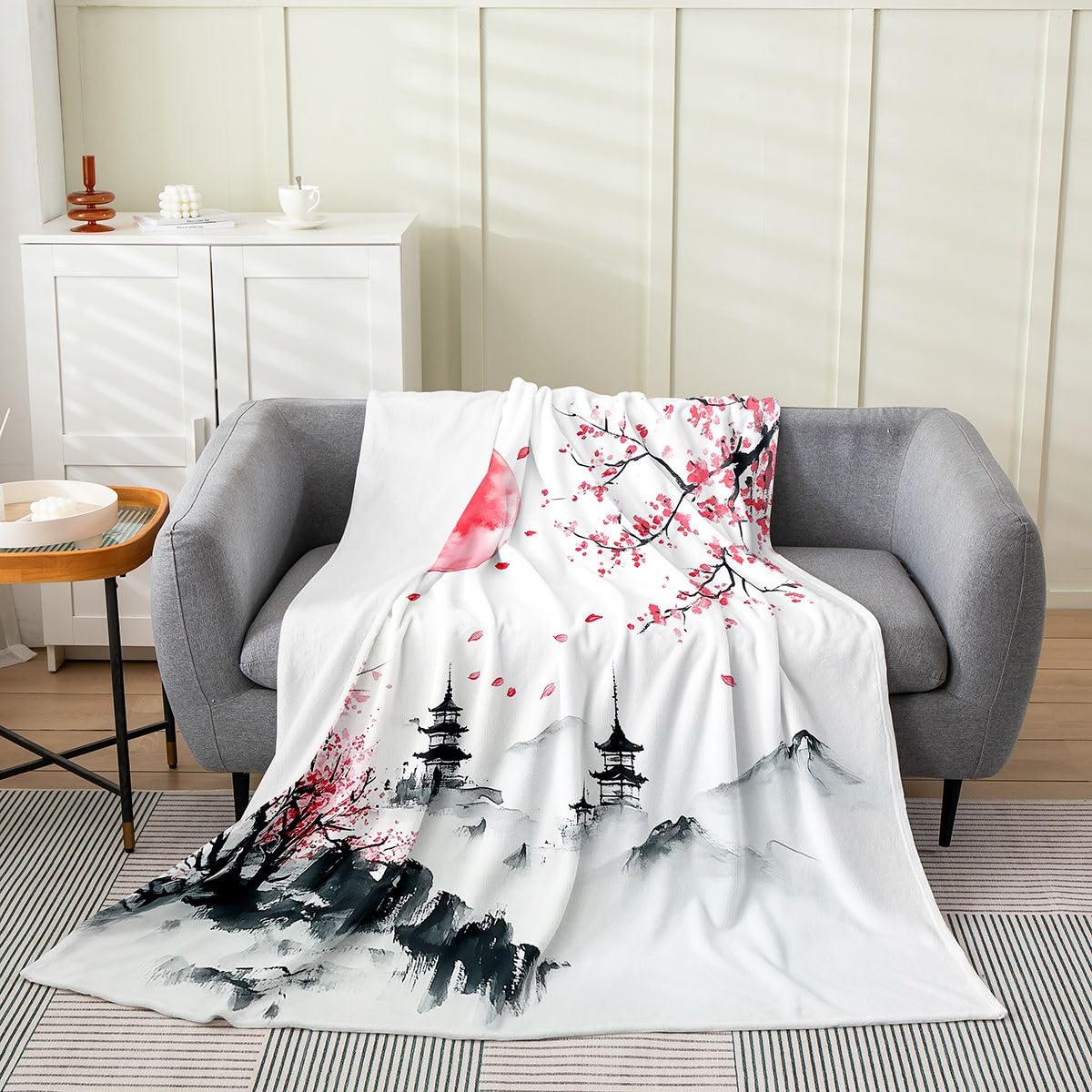 Japanese Style Lightning Fleece Blanket,Red Sakura Sunset Mountain Scenery Bed Blanket for Adults Teens,Retro Ink Landscape Painting Room Decor,Super Soft Bedding Set,40"x50"