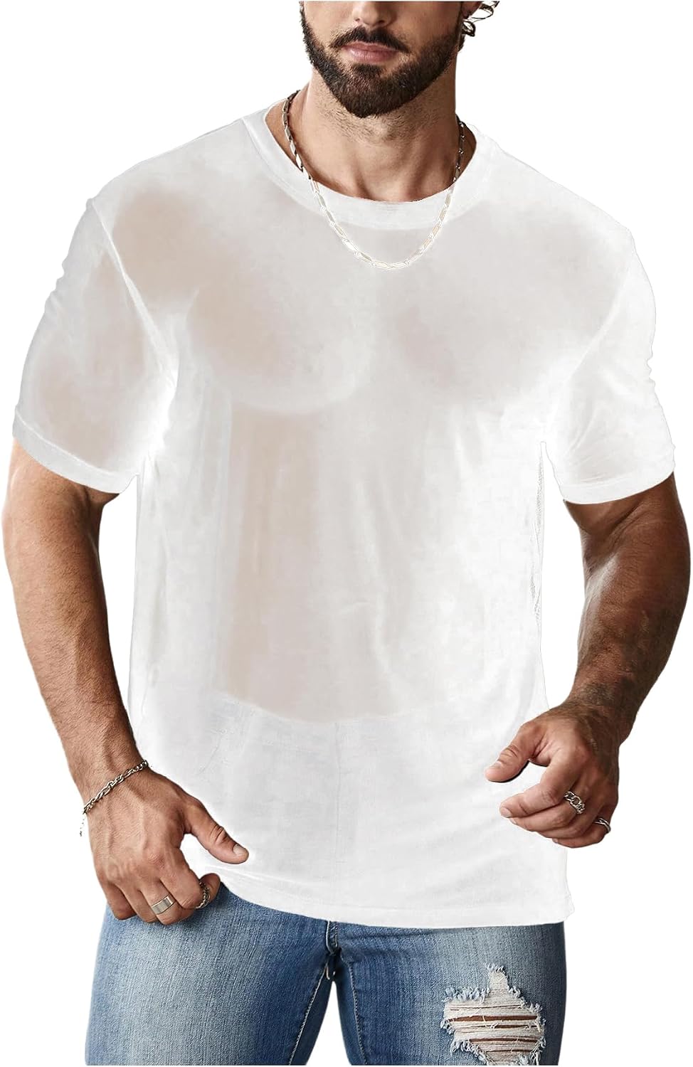 OYOANGLE Men's Sheer Mesh Short Sleeve Round Neck T Shirts Solid Plain See Through Party Tops