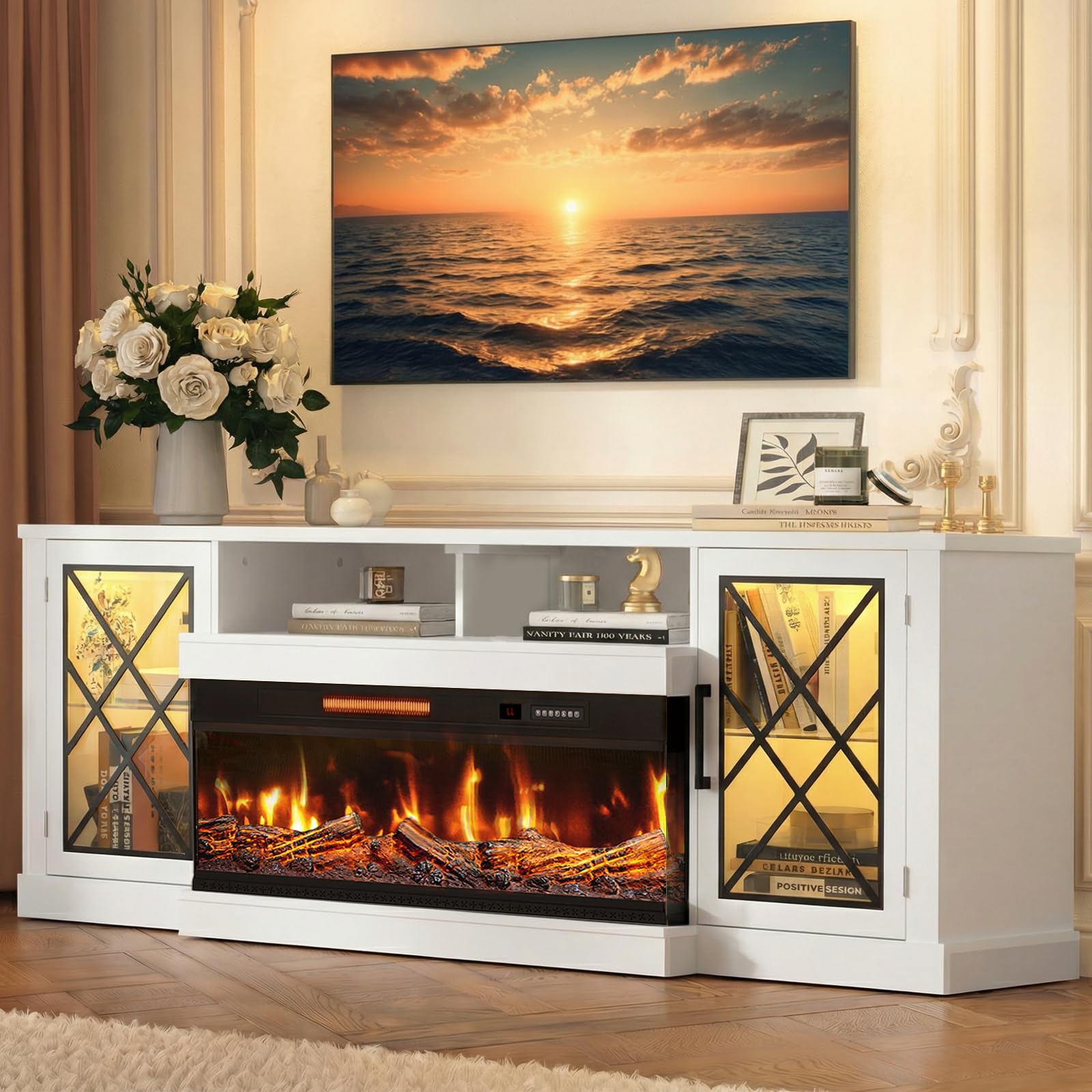 BREEZEHEAT Fireplace TV Stand for TVs up to 90", 3-Sided Electric Entertainment Center with 40" LED Fireplace, Media Console w/Storage Cabinet &amp; Glass Doors, 79Inch, White