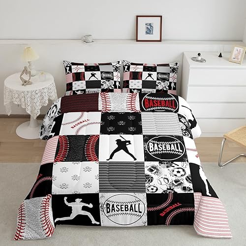 Erosebridal Juego de edredón de béisbol para niños, juego de ropa de cama de sóftbol, edredón acolchado para juegos deportivos, edredón de plumón de