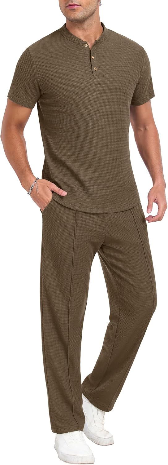 PrinStory Men's Short Sleeve Outfits Waffle Knit Henley Shirt and Pants Set Casual 2 Pieces Summer Tracksuits with Pockets