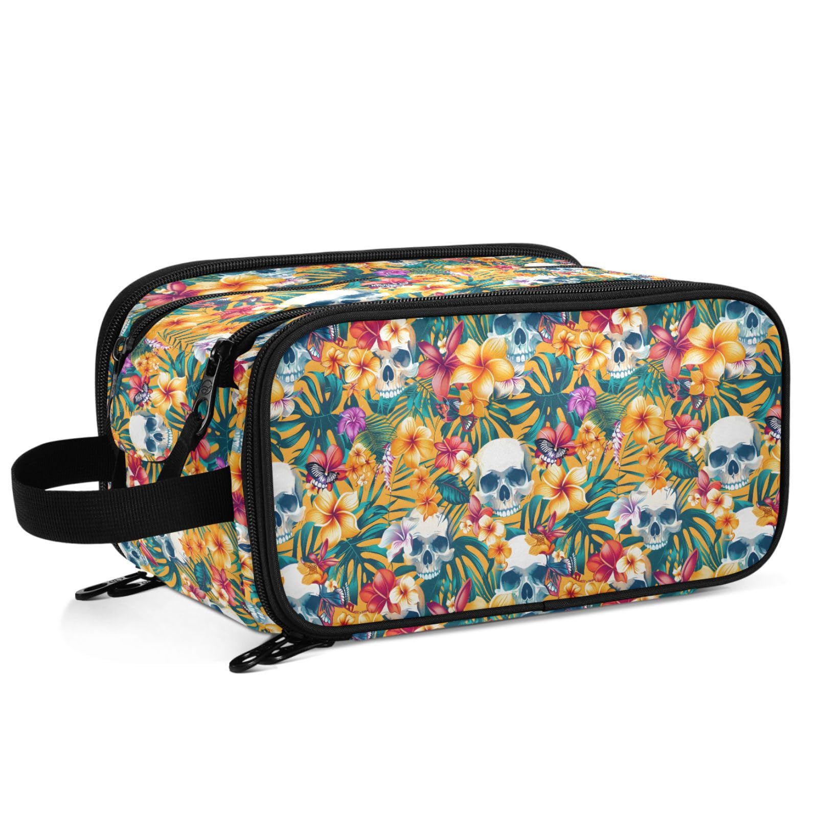 MNSRUU Large Capacity Makeup Bag, Skulls Hibiscus Flowers Portable Toiletries Organizer for Women, Travel Size Cosmetic Bag