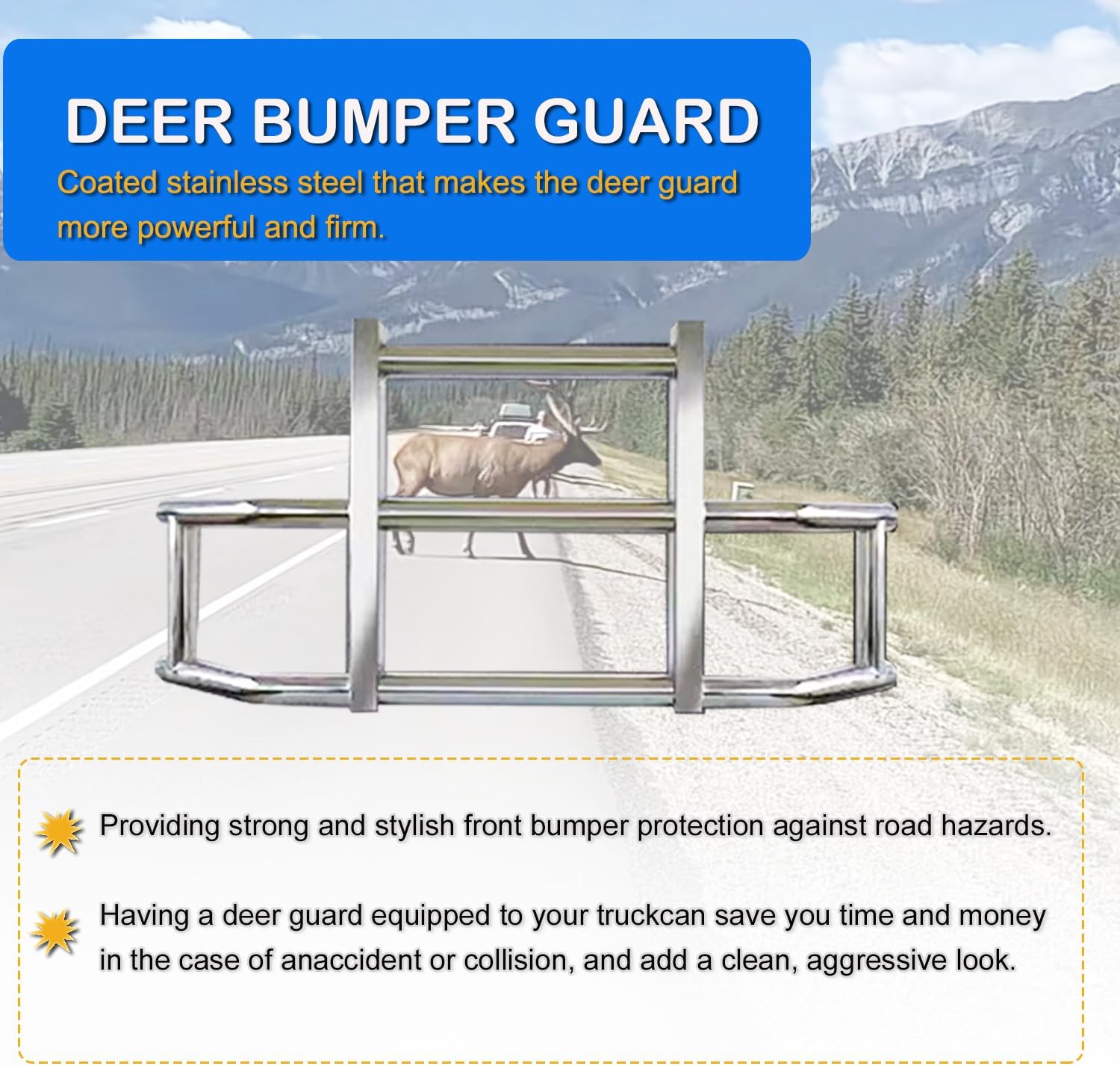 Deer Guard Compatible with 2018-2023 Freightliner Cascadia, Large Front Bumper Polished 304 Stainless Steel Deer Guard Bumper Protector with Brackets Set(Style 1)