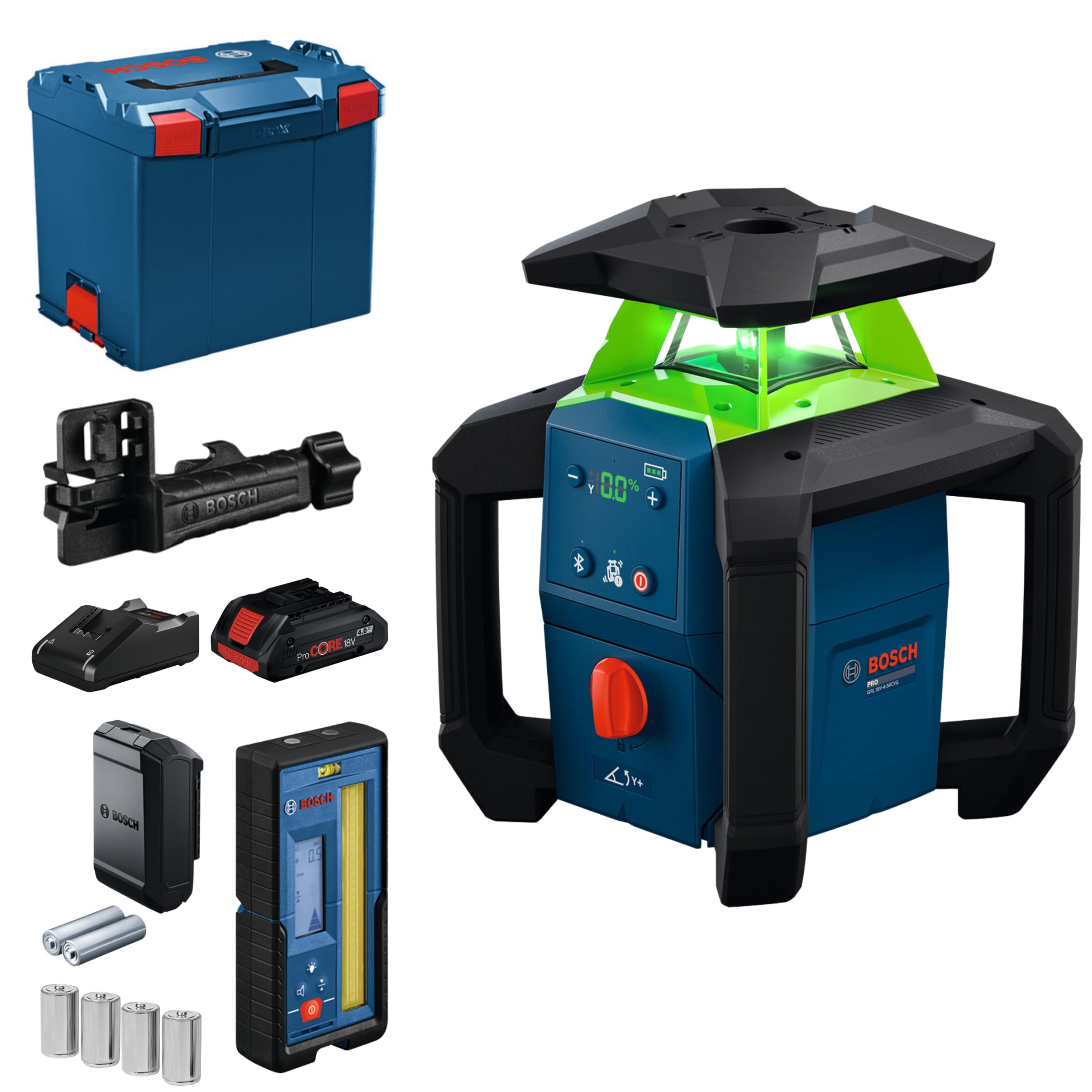 Bosch PRO 18V System Livella Laser Rotante GRL18V‑4‑34CVG (laser verde, regolazione pendenza ±15%, IP66, doppia alimentazione, incl. ricevitore LR45, ProCore 4.0Ah, caricatore e L‑BOXX 374)