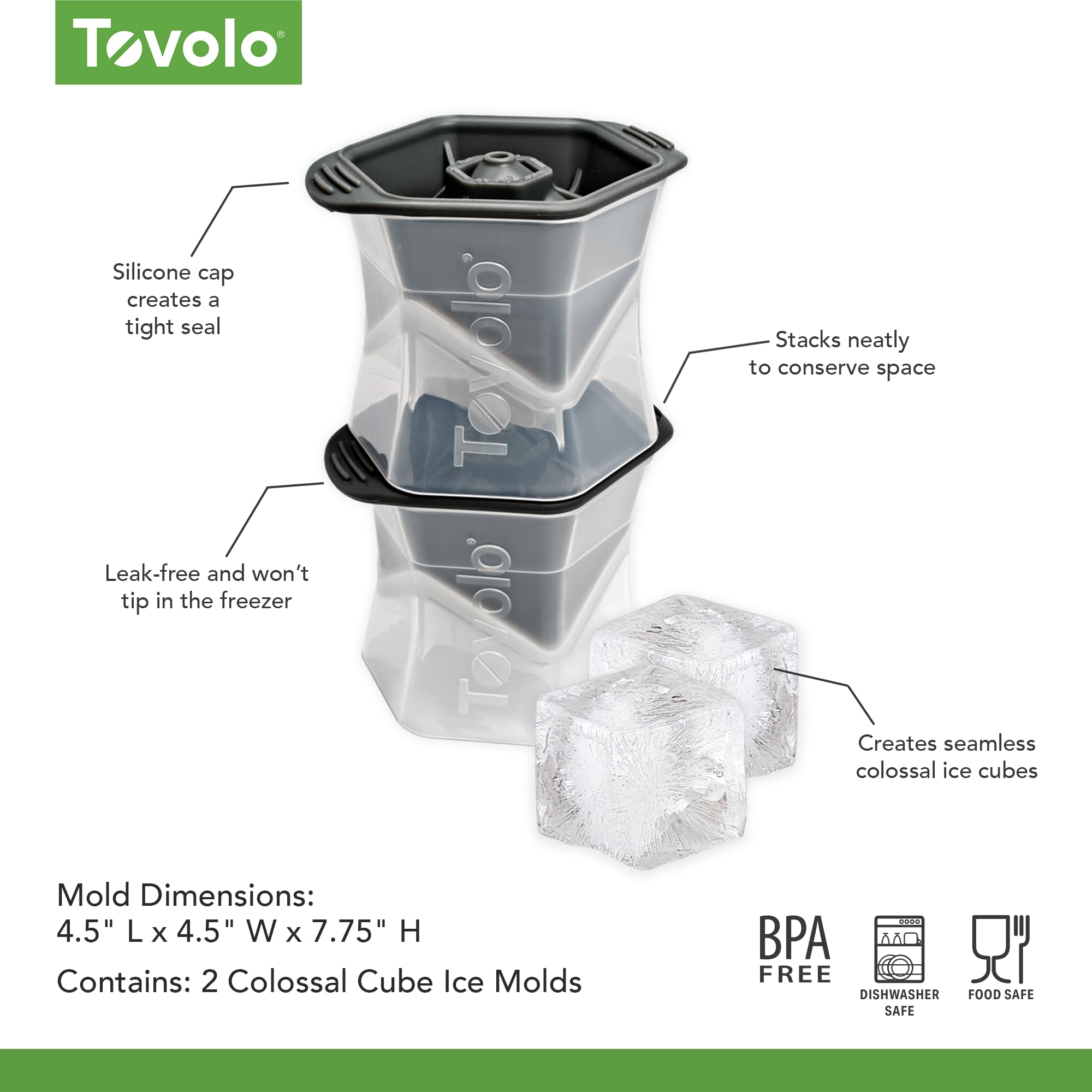 Tovolo Große quadratische Eiswürfelform, 5,1 cm, 2 Stück, riesige Eiswürfelform für Whiskey, Cocktails, Bourbon, Silikon, BPA-frei, spülmaschinenfest, riesige XL-Eiswürfelformen