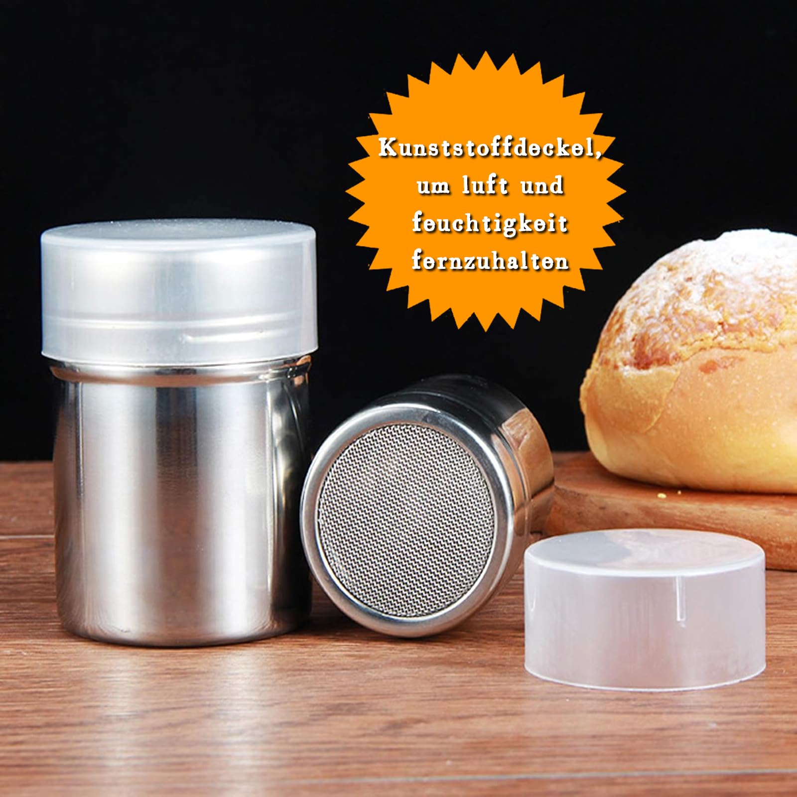 Saupoudreuse Inox + 16 Pochoirs Café – Shaker Poudre Cacao Farine Avec Tamis Fin
