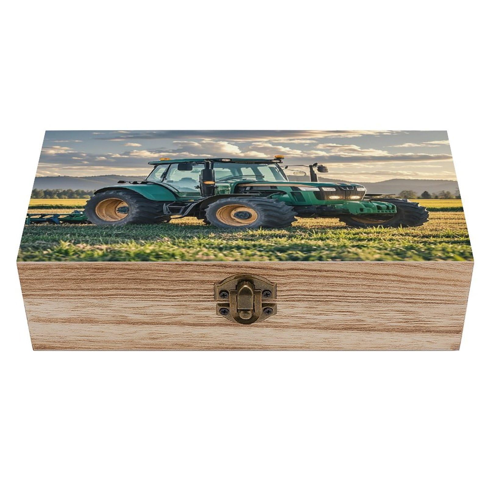 FekiLoot Tractor Agriculture Tranquil Wooden Box with Hinged Lid Vintage Storage Box Beautifully Keepsake Boxes Jewellery Organiser & Trinket Holder Unique Gift Ideas for Men & Women