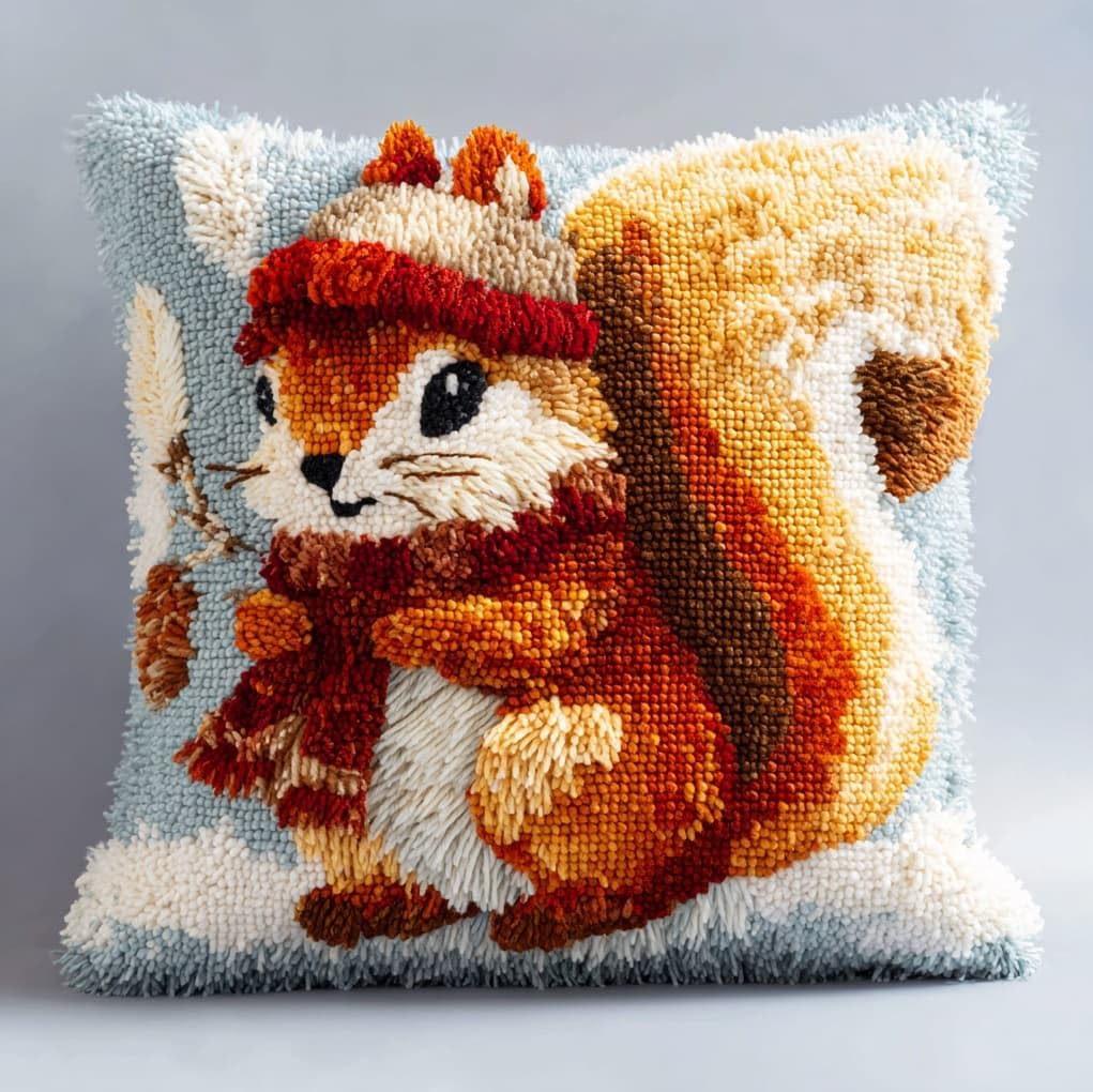 Wallustrioaw Squirrel Wearing A Hat Latch Hook Pillowcase Cushion Kits,
