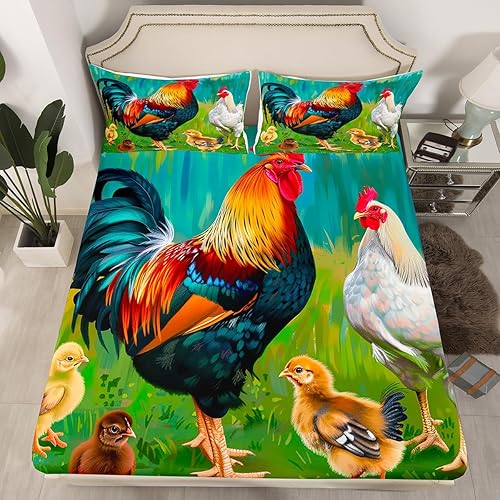 Juego de sábanas kawaii de gallo, tamaño Queen, sábana bajera ajustable de la familia de pollos para niños, juego de ropa de cama de animales de