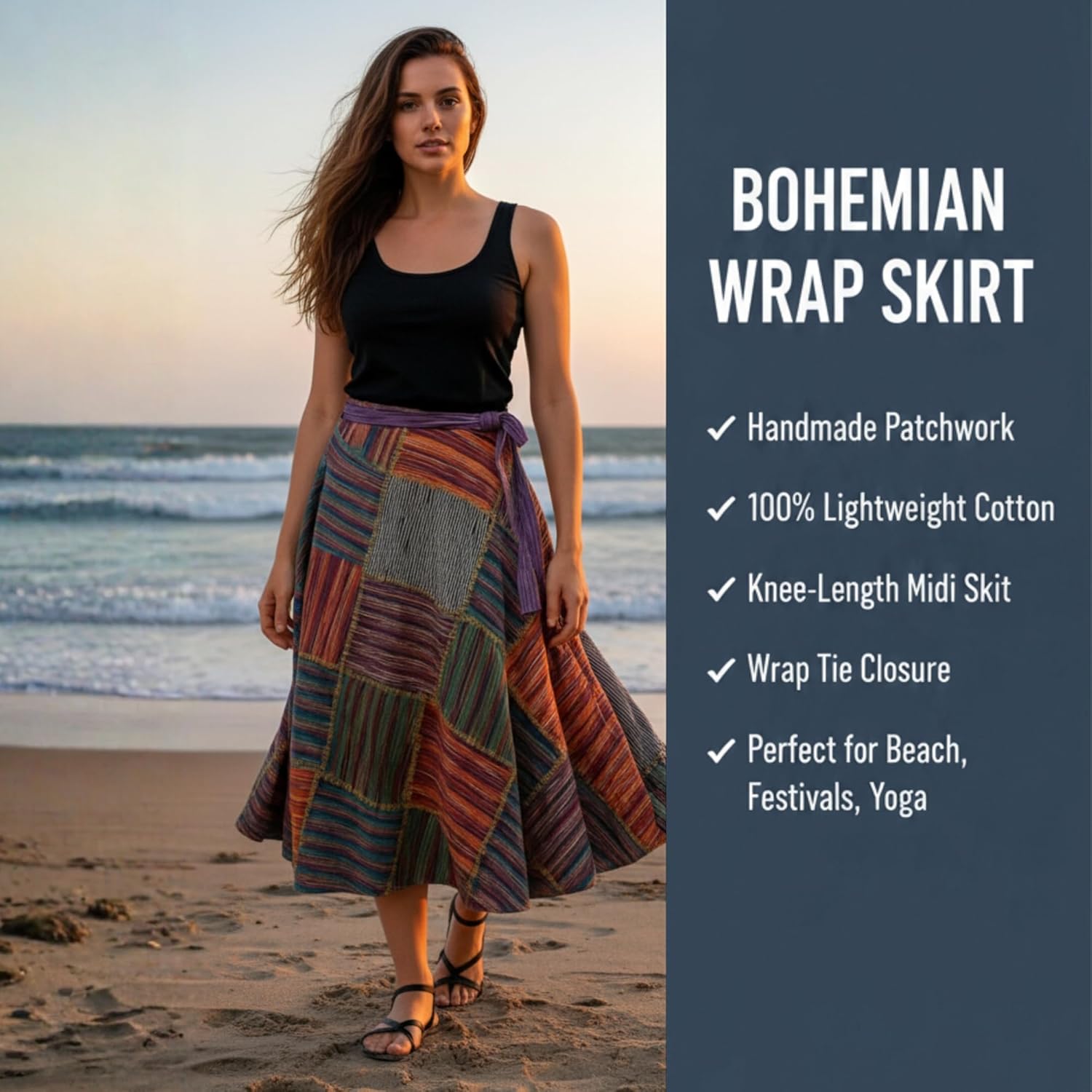 Shopoholic Fashion Wrap Round Hippie Festival Knee Length Patchwork Boho Long Skirt Multicoloured - Image 3