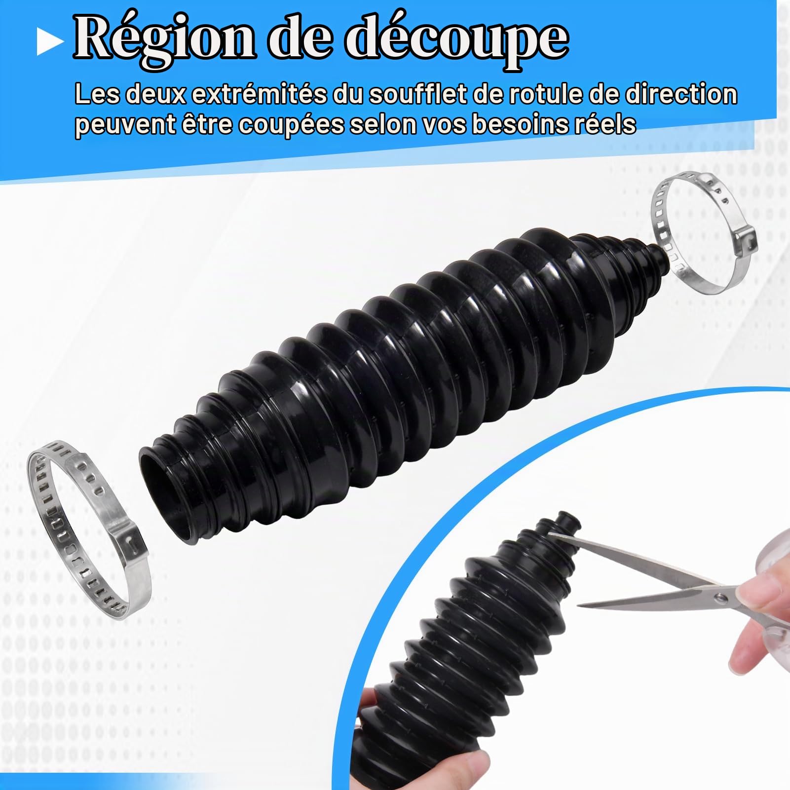 LEONTOOL Kit de soufflets de biellette de direction intérieure, 2 pièces de soufflets de biellette de direction universels réglables avec attaches de câbles et colliers de serrage