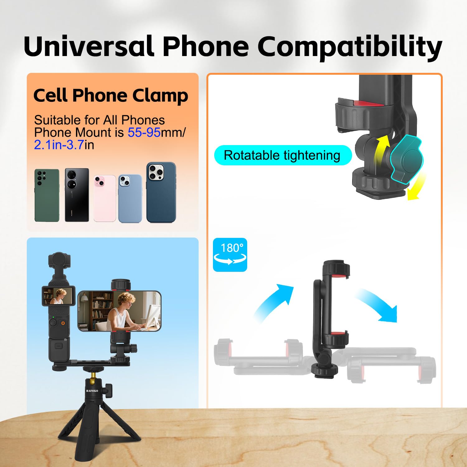 Osmo Pocket 4/3 Telefon Uchwyt kompatybilny z DJI Osmo Pocket 4/3 Creator Combo Zestawem Monitor Uchwyt Akcesoria, Statywu Adapter z 360°Smartfony Uchwytem Vlogowanie Na żywo Wideo Fotografowanie