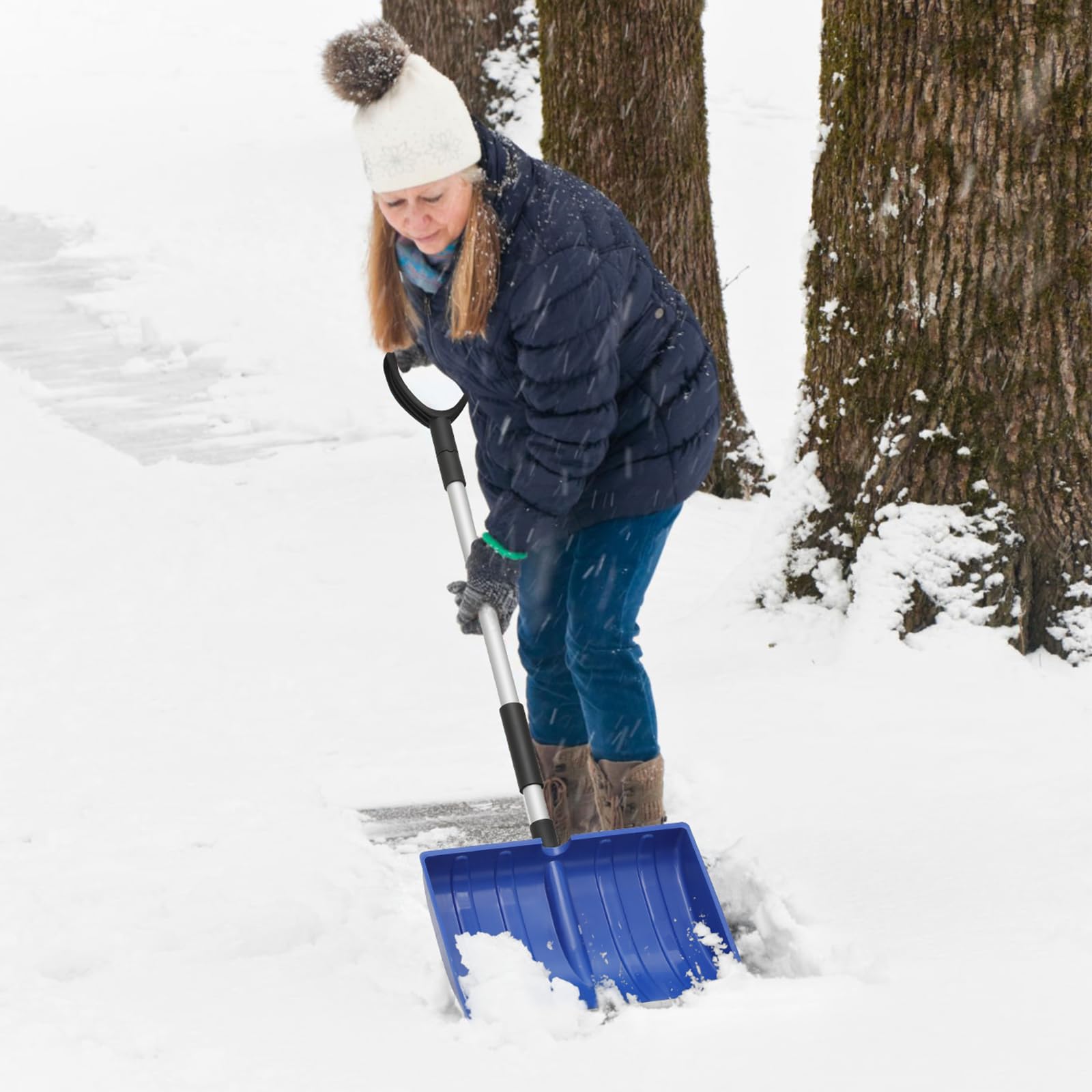 Pala da neve larga 40,6 cm con manico in alluminio e striscia di alluminio, grande pala da neve per vialetto, casa, patio, passerelle, rimozione neve, blu