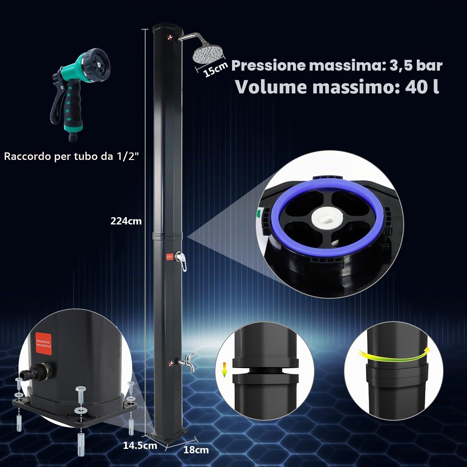 CCLIFE Doccia Solare da Giardino 40 Litri, Doccia fotovoltaica/Solare da Esterno con Rubinetto e soffione a Pioggia, con Guscio di Protezione