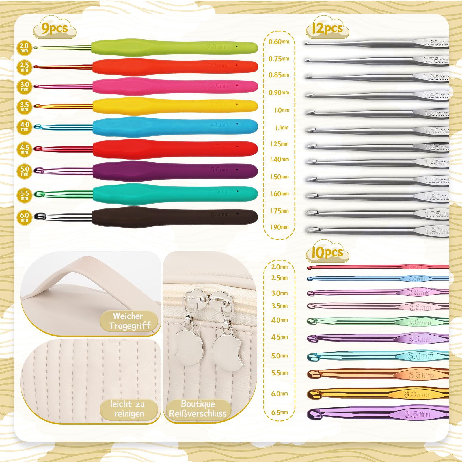 Aeeque Kit Crochet Débutant Complet Adulte 102 Pièces - 12 Aiguilles 0,6-1,9mm, 9 Crochets Ergonomiques, 15 Pelotes de Laine pour Tricot - Sac Beige Inclus