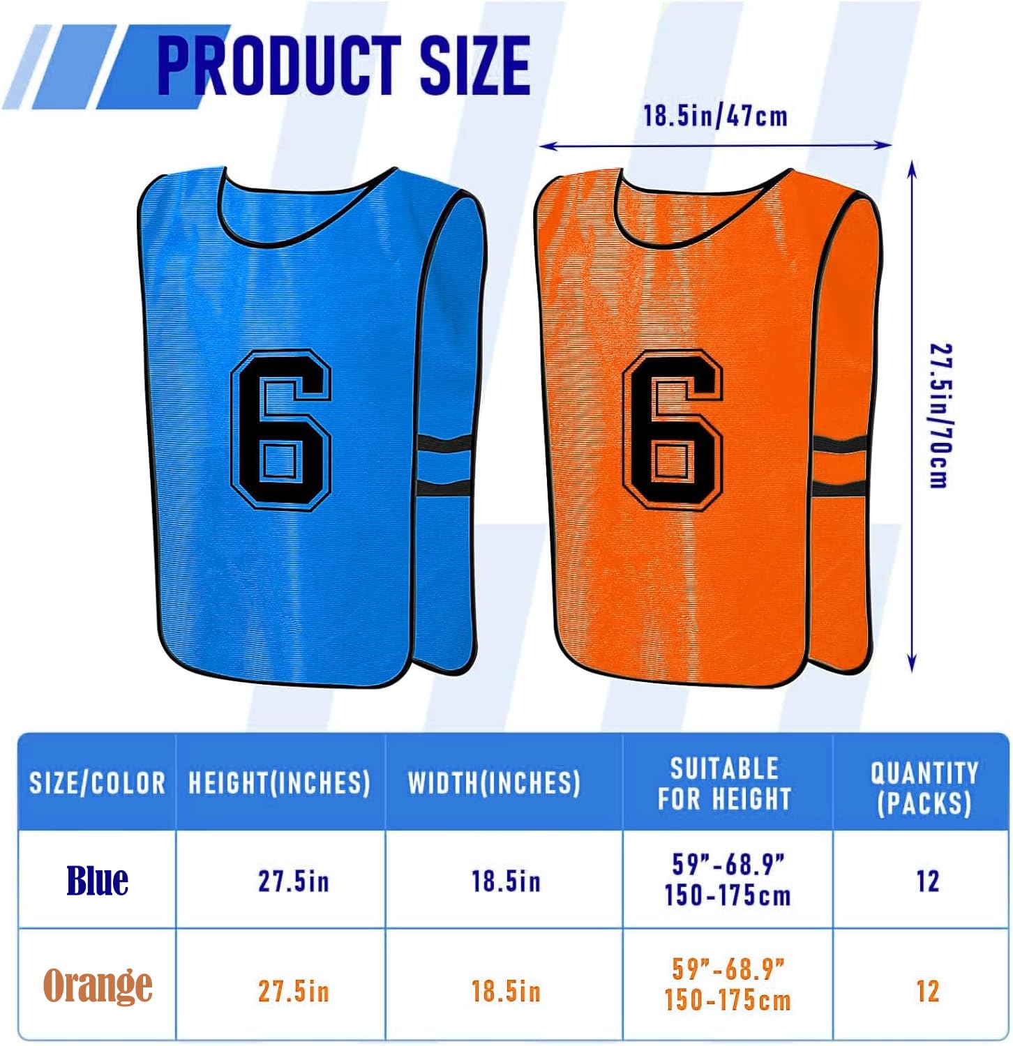 MSYU Lot de 12 gilets de football numérotés, gilet d'entraînement d'équipe à séchage rapide pour adultes et jeunes – 2 couleurs, Orange/bleu foncé, XL