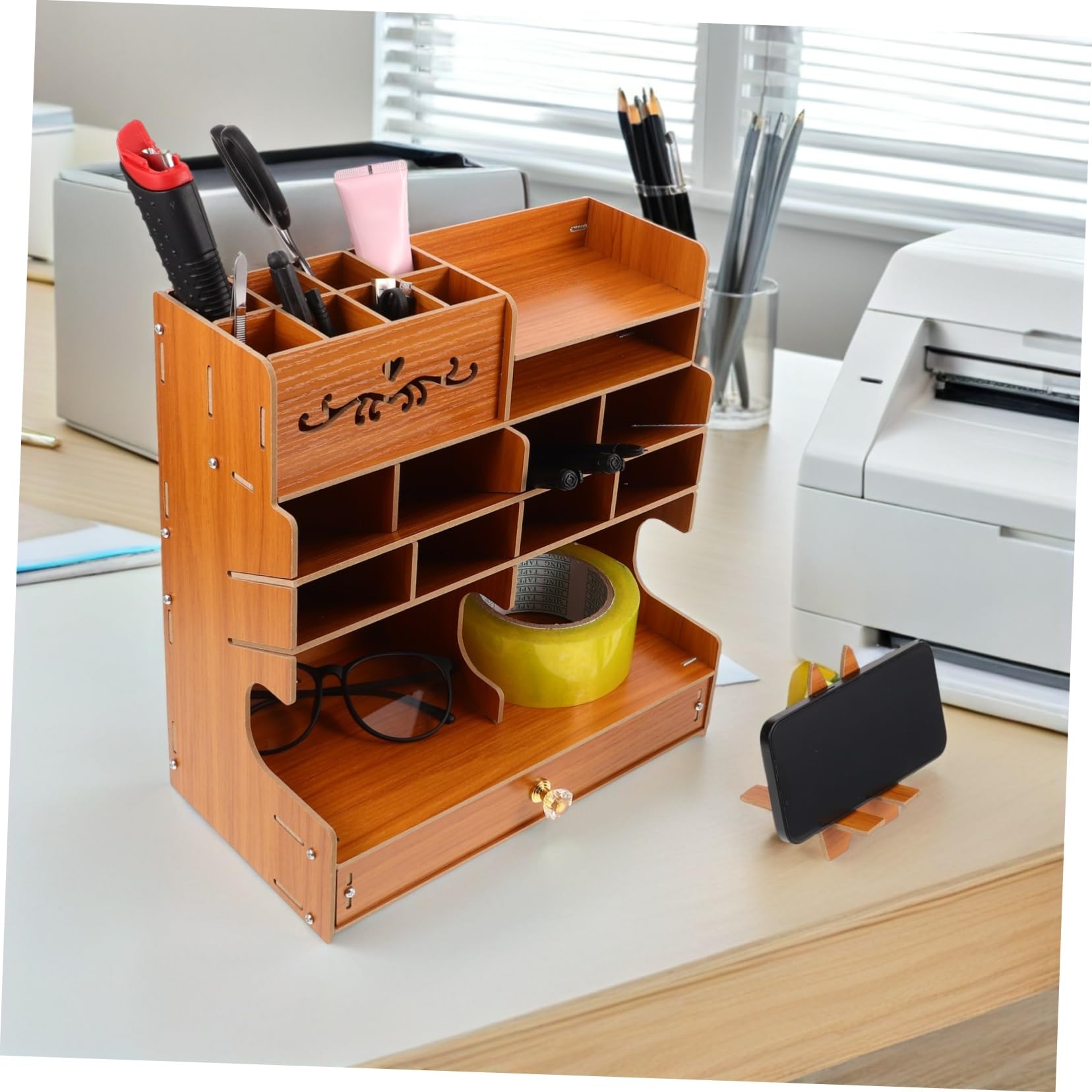 NOLITOY Organizer Scrivania in con Capacità Portapenne con Scomparti Multipli per Ufficio Base Stabile e Finitura Naturale Elegante