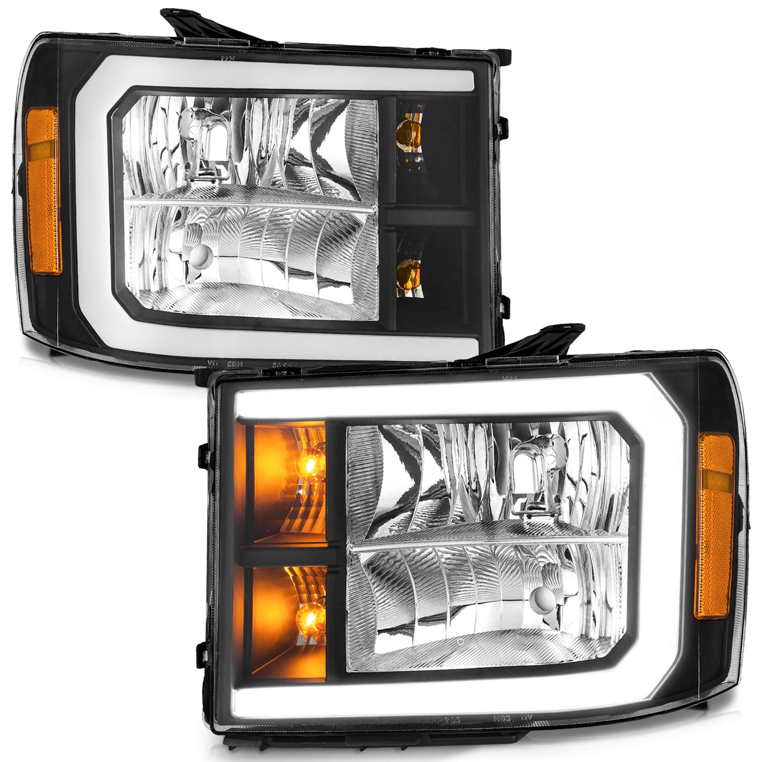 LED DRL Headlights Assembly Compatible with 2007-2013 GMC Sierra 1500, Headlight for 07-14 Sierra 2500 HD 3500 HD Replacement Black Housing Amber Reflector With LED DRL