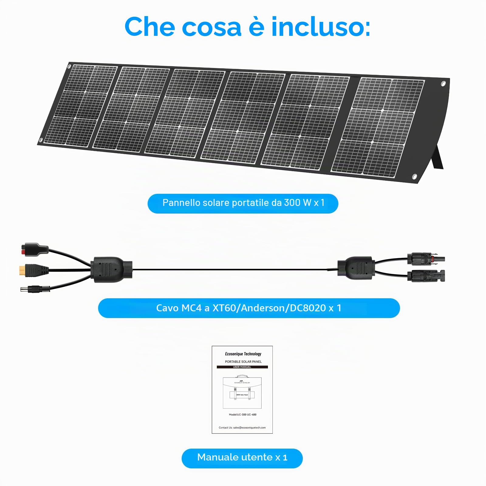 Ecosonique - Pannello Solare Pieghevole Da 300 W,Caricabatterie Solare Portatile Per La Maggior Parte Delle Centrali Elettriche, Alimentatore MC4 da 40 V e Supporto Per Campeggio Esterni