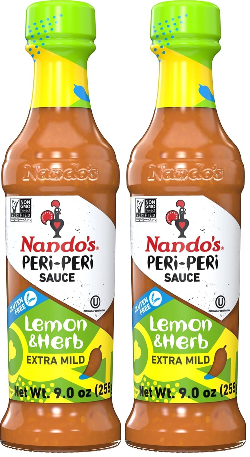 Nandos Peri Peri Sauce Extra Mild 4 Pack - Sauces, Seasoning or Marinade for Wings, Fish, Meat, Rice or Veg - No Artificial Colors, Flavors, Non-GMO, No MSG, Gluten Free - x4, 9.2 Oz Lemon and Herb