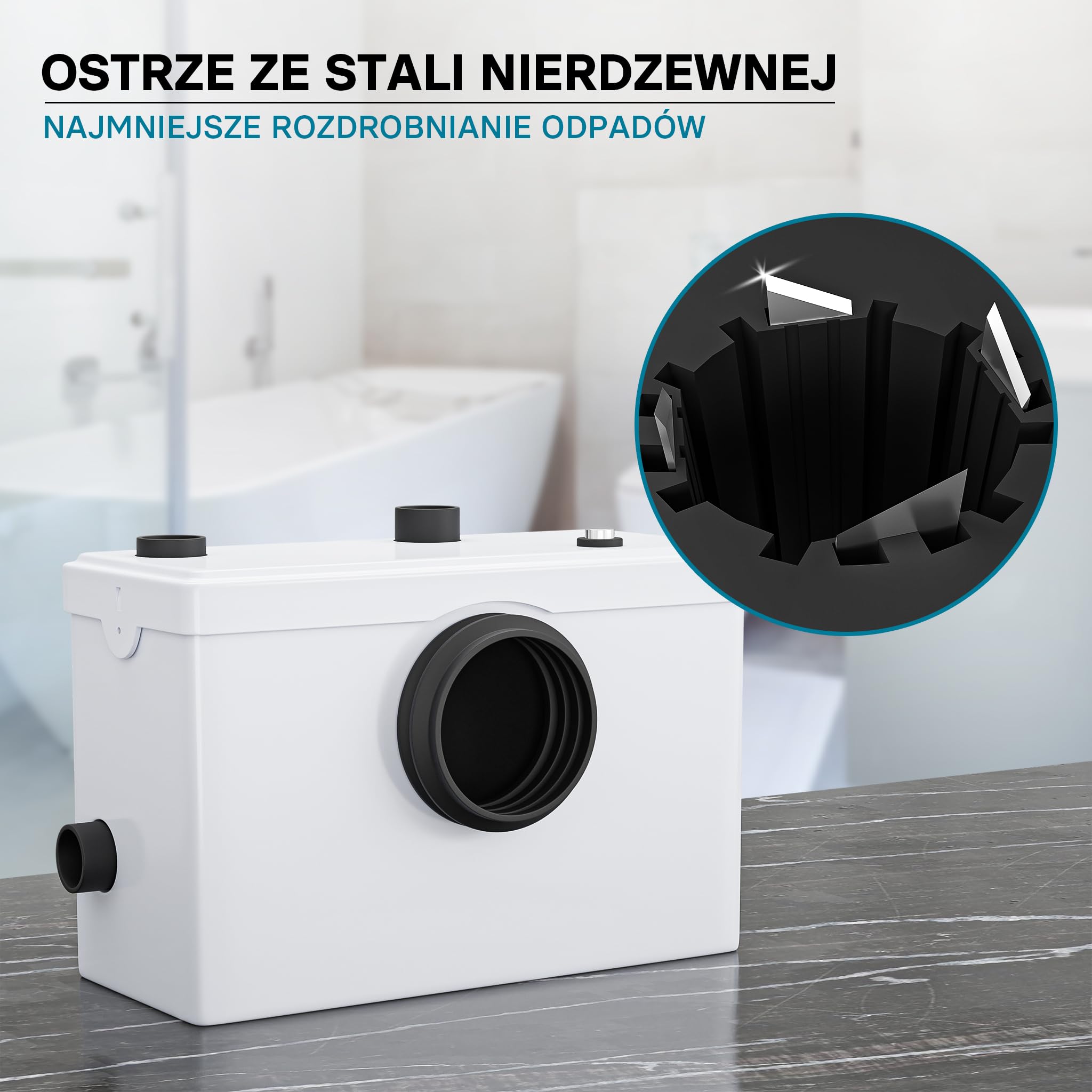Wiltec Mała pompa ściekowa 600 W z rozdrabniaczem, wysokość podnoszenia 10 m, 3 wloty, do WC i prysznica